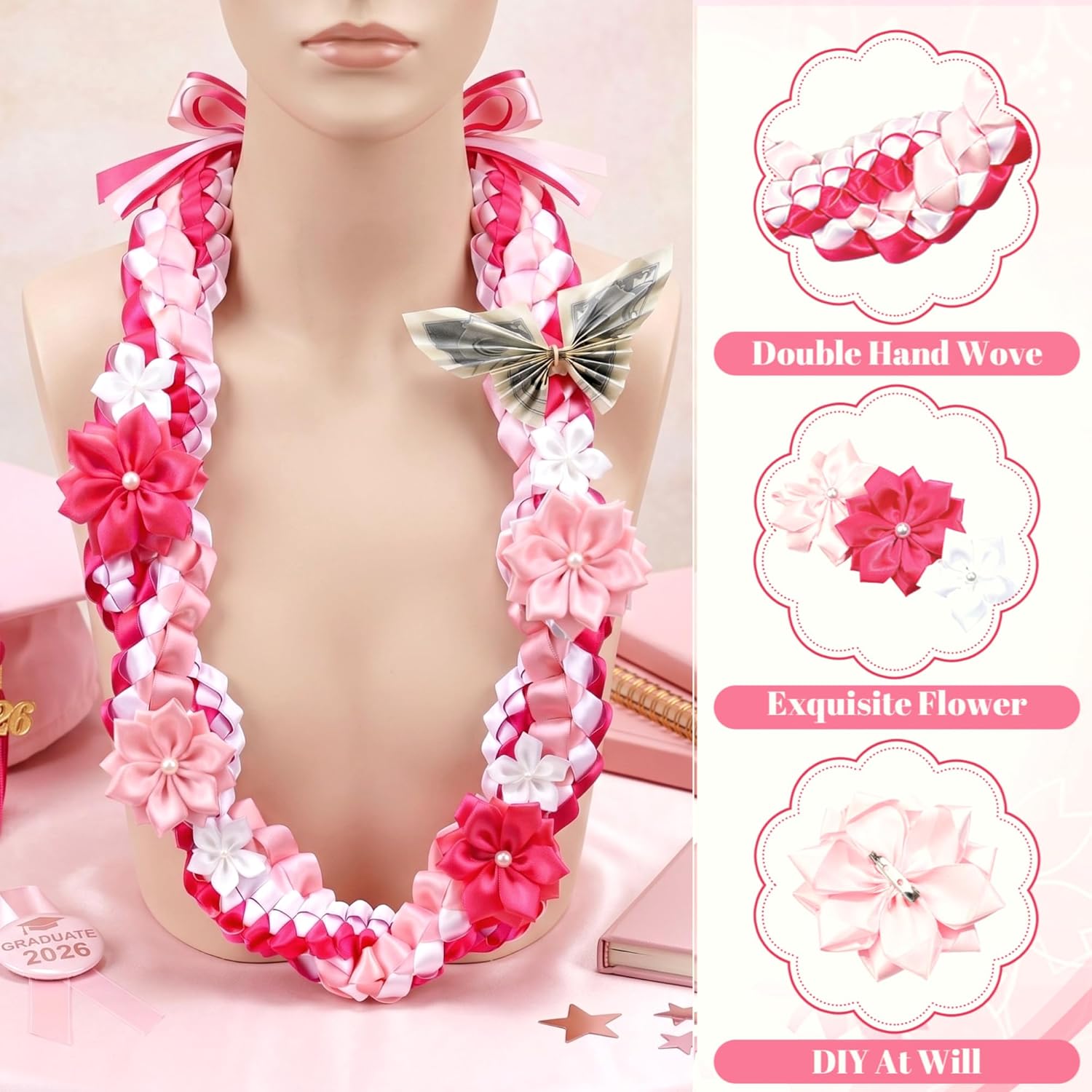 Lyrow 50" Graduation Lei 2026 Double Braided Graduation Ribbon Money Lei with 4 Satin Flower Handmade Grad Necklace Class of 2026 Grad Gift Accessories for Men Women