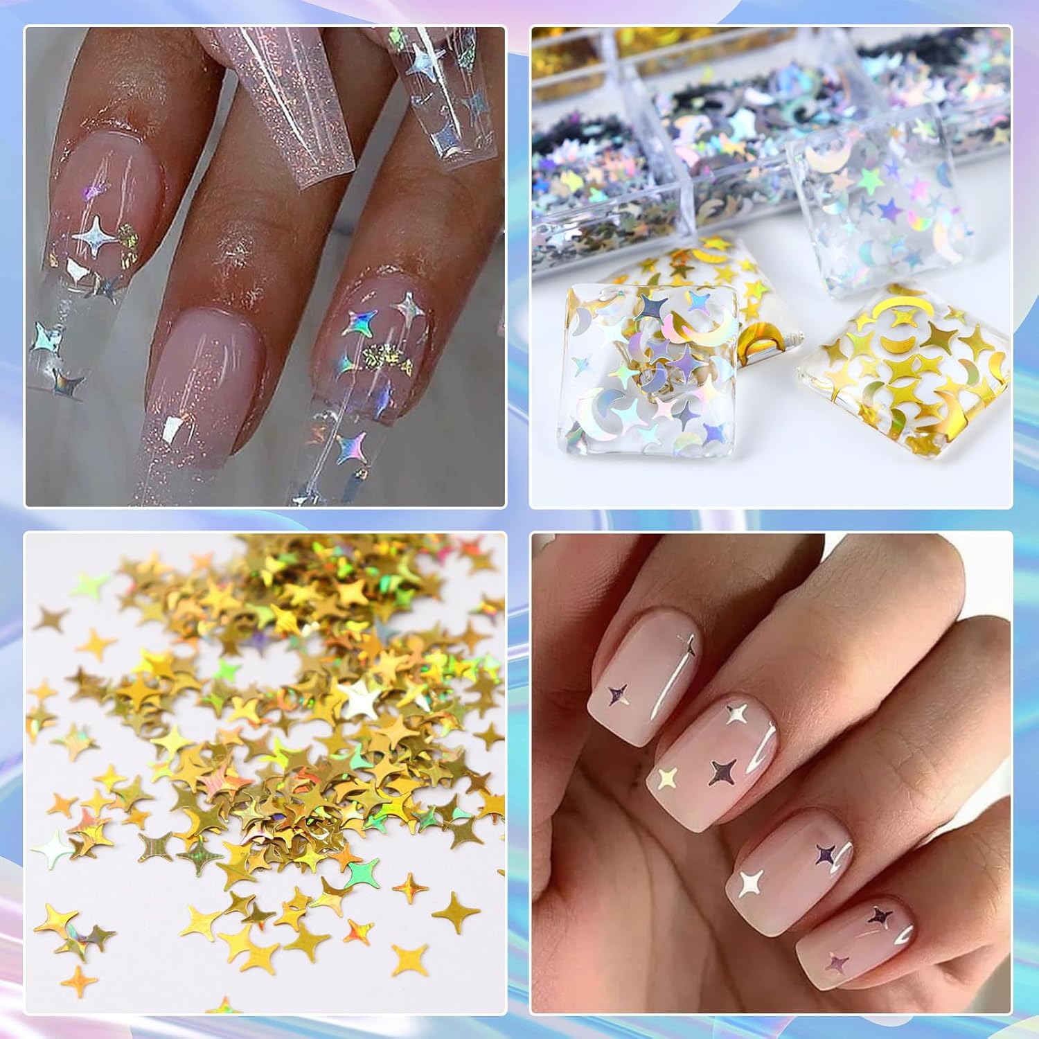 6 Grid Holographic Star Nail Glitter Set,3D Five-Pointed Star Sequins,Flakes for Nail Art, Independence Day Decor, DIY Crafts Holographic Sparkle Nail Decals for Women Girls Manicure Supplies