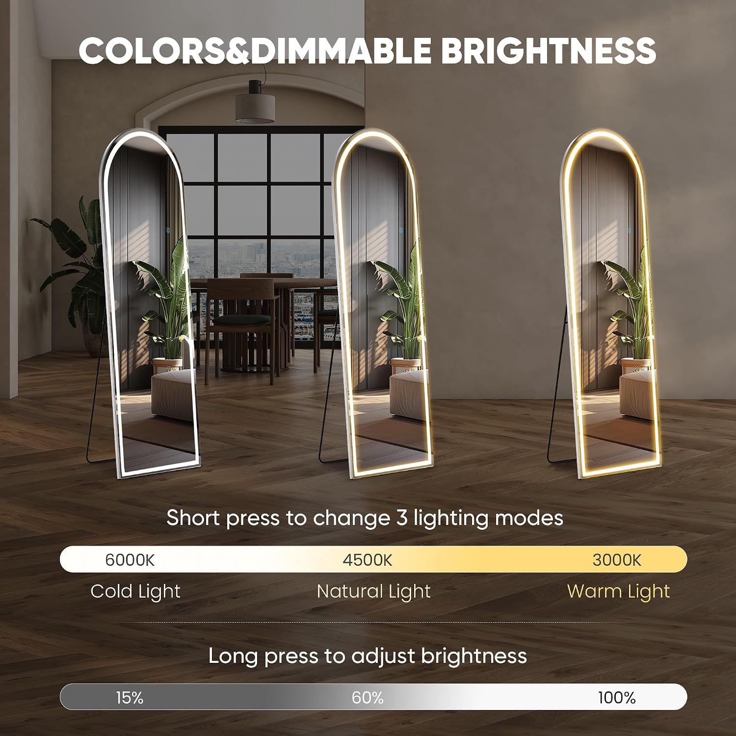 Dumos Arched Led Mirror Full Length Standing, 16"X60" Full Body Wall Mirror | Led Lights 3 Color Lighting And Shatterproof Tempered Glass, Wall Hanging Or Leaning, Floor Standing, Modern Home Decor