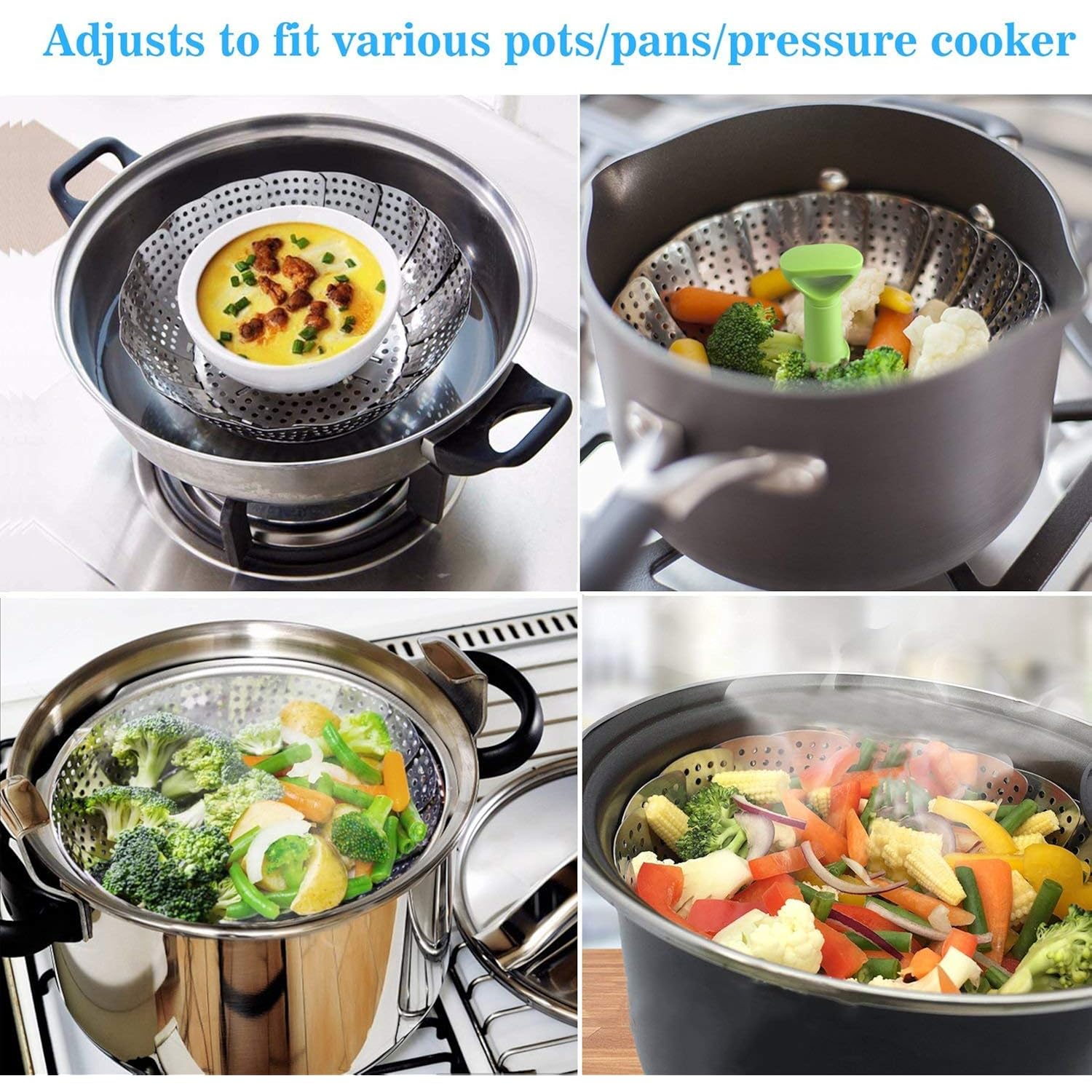 Consevisen Vegetable Steamer Basket for Cooking Food, Stainless Steel Veggie Steam Basket for Pot, Folding Expandable Steaming Insert with Extendable Handle Fits Various Size Pot, 5.1" to 9"