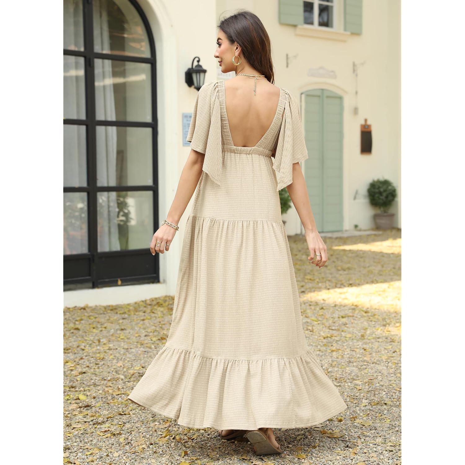 Kikibell Women Summer Dresses Sexy V-Neck Maxi Dress Tiered Silhouette With Flutter Sleeve Backless Elastic Waist Flowy Dress