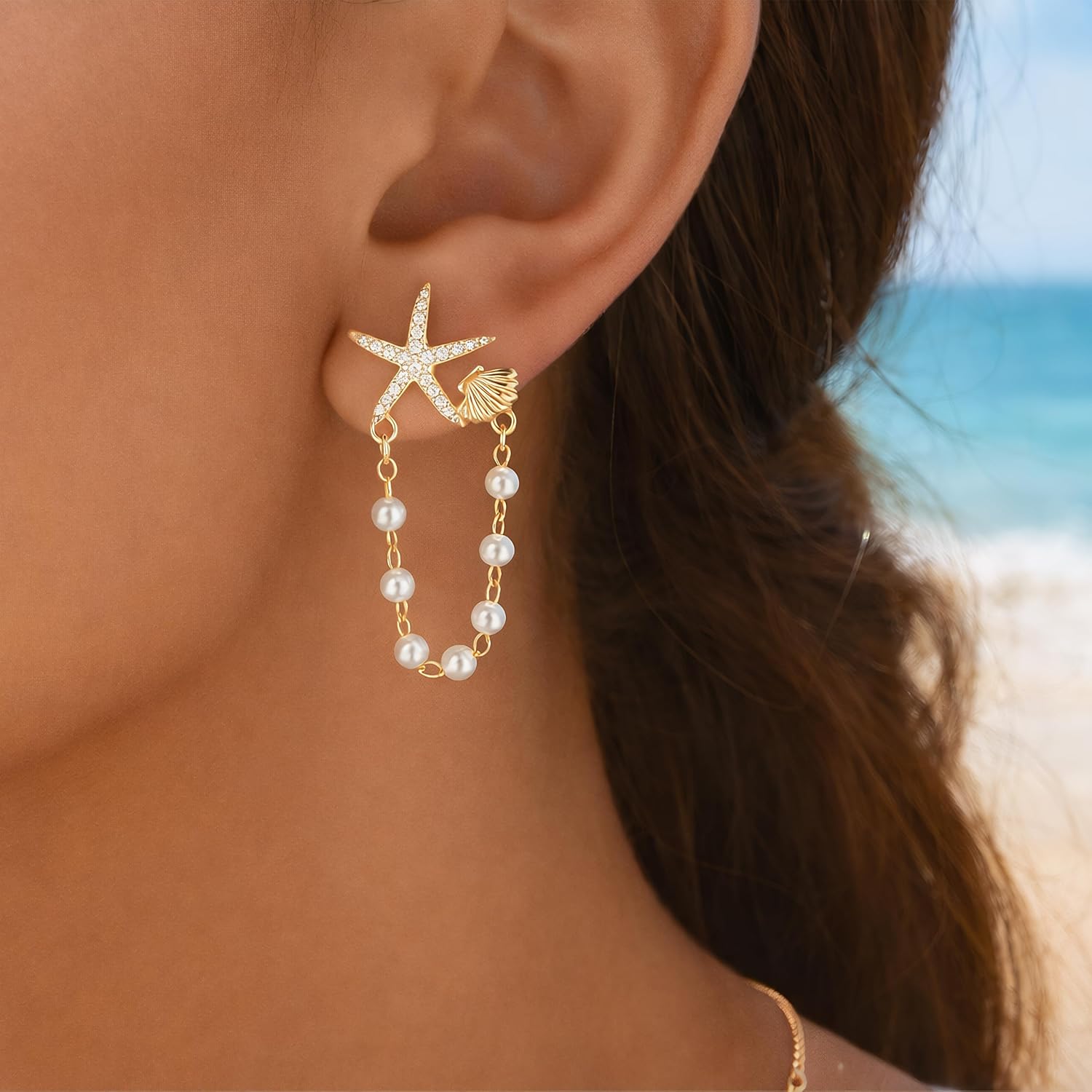 Seashell Starfish Earrings Beach Jewelry for Women Pearl Drop Shell Earrings Ocean Beachy Fashion Accessories Womens Summer Outfits 2026 Tropical Vacation Outfits Beach Vacation Clothes Dresses