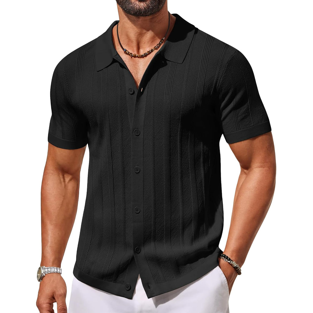 Coofandy Men'S Knit Button Down Shirts Short Sleeve Polo Shirt Casual Vacation Summer Beach Shirts
