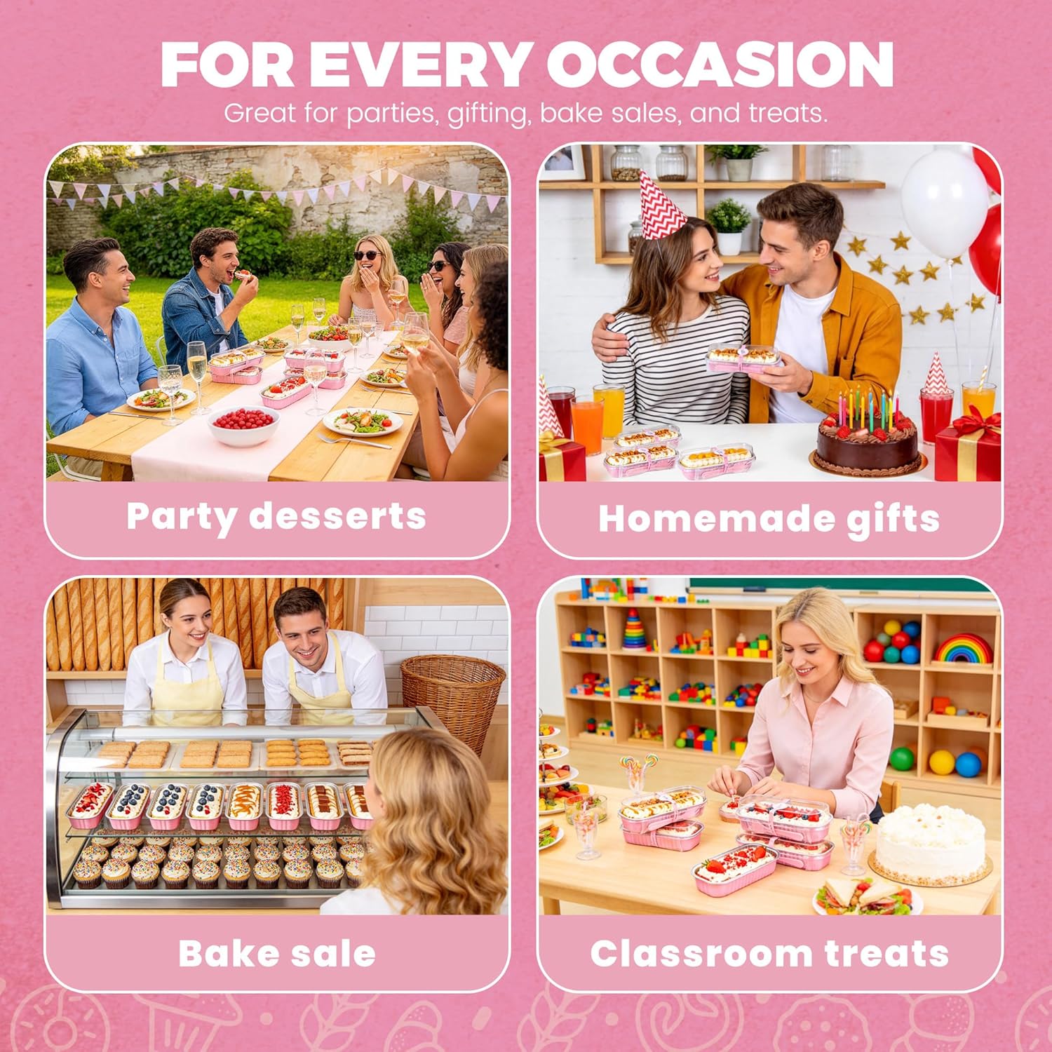 NPLUX Mini Cake Pans with Lids and Spoons, 50 Pack Pink Mini Loaf Pans with Lids, Mini Cake Containers for Baking, Mini Cheesecake and Party Desserts, Individual Cake Pans with Lids