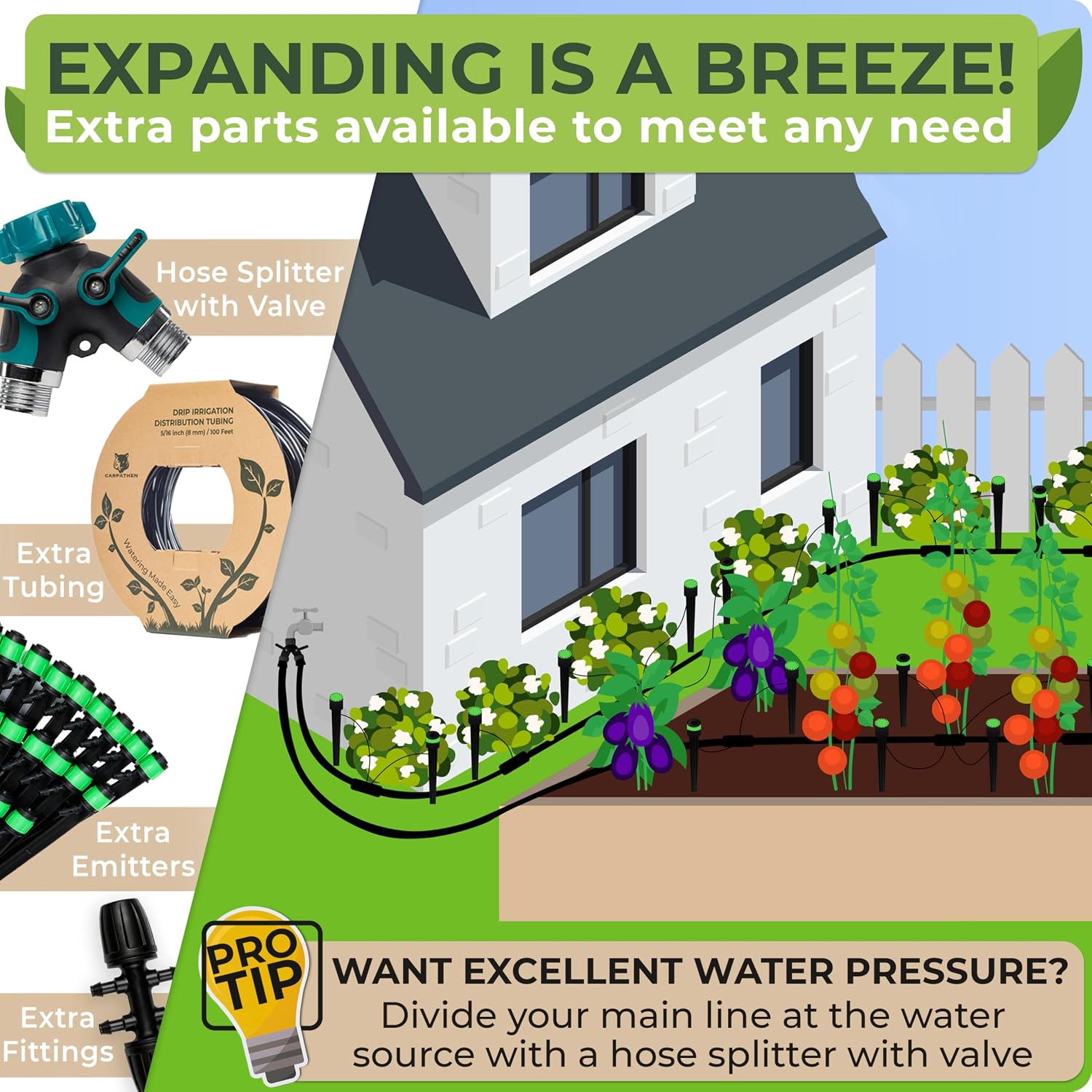 Drip Irrigation System Kit - Complete Premium Garden Watering System With Adjustable Sprinkler Emitters, 5/16" & 1/4" Tubing And Fittings - Drip Line For Raised Beds, Lawn, Pots, Greenhouse