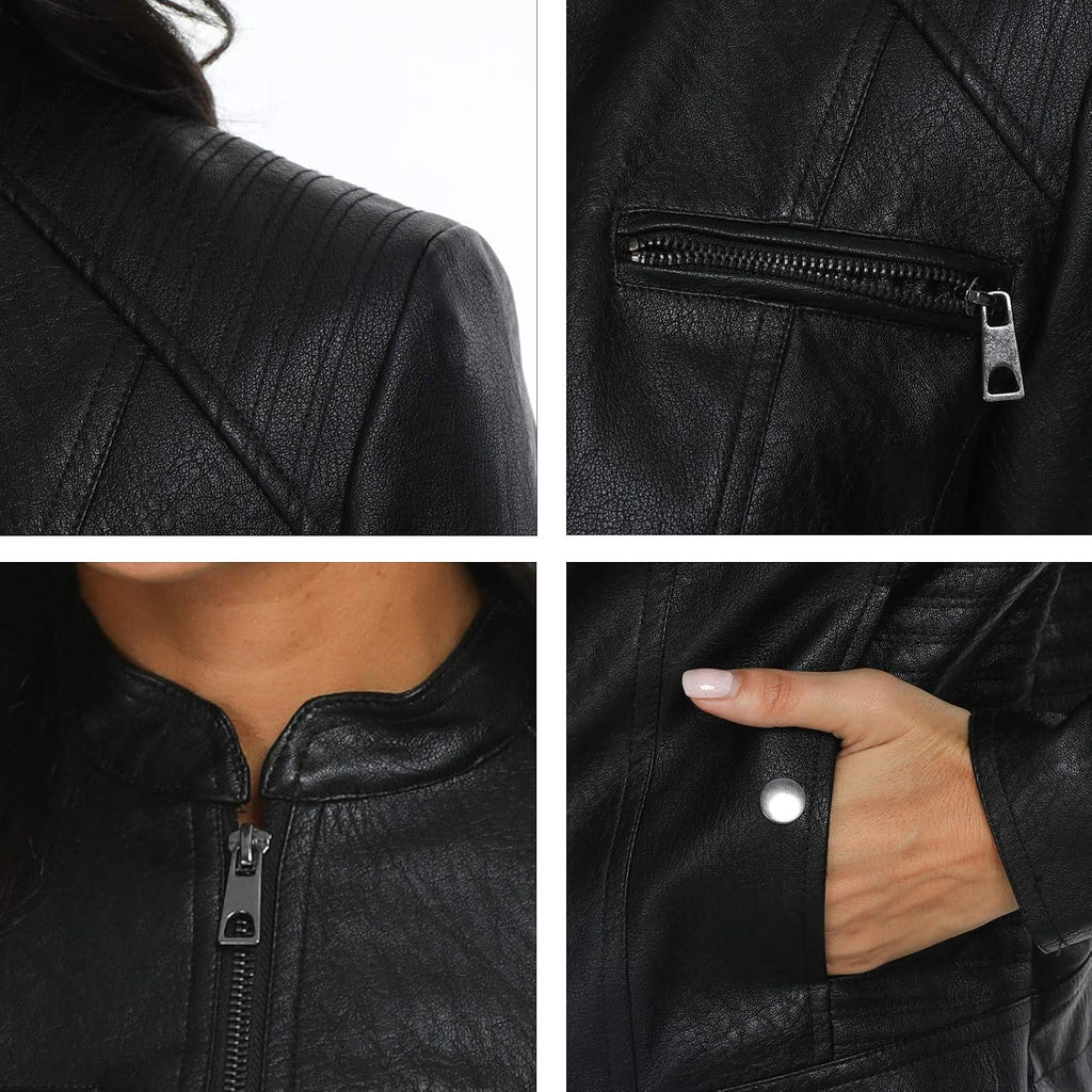 Black Faux Leather Jackets For Women Motorcycle Pu Moto Biker Outwear Coat
