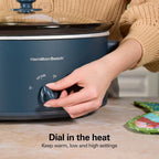 Hamilton Beach 6 Quart Slow Cooker With Space-Saving Folding Handles | 3 Heat Settings | Dishwasher Safe Stoneware Crock & Glass Lid | Kitchen Makeover Blue | 33608