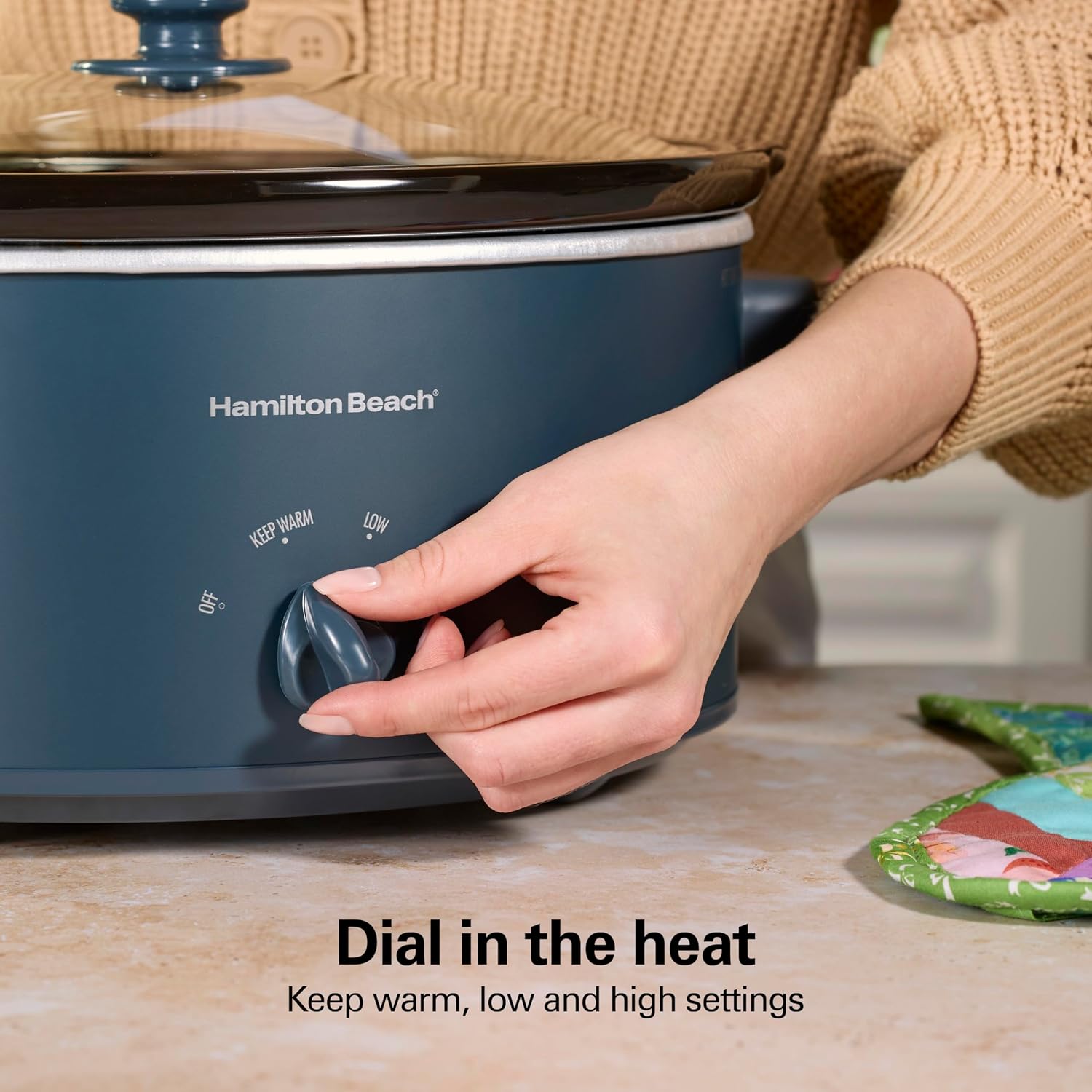 Hamilton Beach 6 Quart Slow Cooker With Space-Saving Folding Handles | 3 Heat Settings | Dishwasher Safe Stoneware Crock & Glass Lid | Kitchen Makeover Blue | 33608