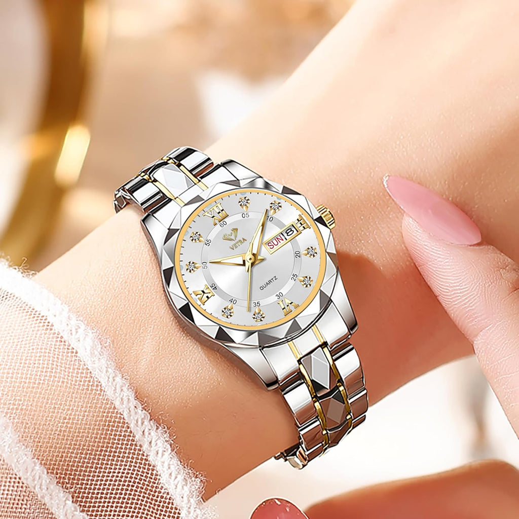 Vetra Womens Bracelet Watches Set Small Wrist Watches with Silver Gold Tone Diamond Stainless Steel Waterproof Luminous Date Display Watches for Ladies Reloj para Mujer
