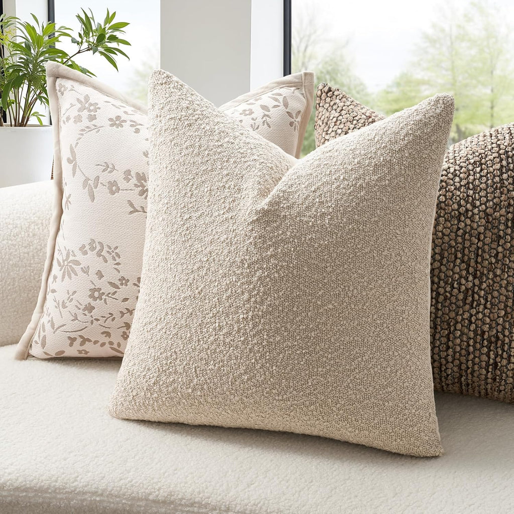 Topfinel Beige White Boucle Pillow Cover Set of 4 Complete Sofa Layering Set Modern Farmhouse & Neutral Chair Sofa Couch Bedding Room Decor (12"x20"x2,18"x18",20"x20")
