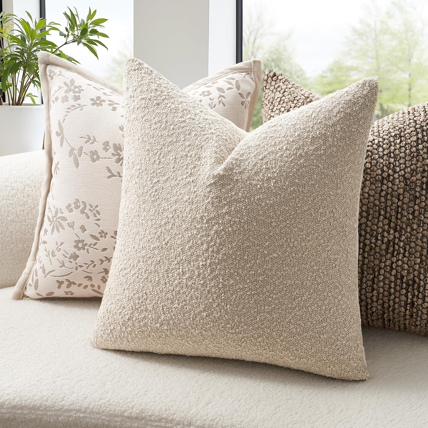 Topfinel Beige White Boucle Pillow Cover Set of 4 Complete Sofa Layering Set Modern Farmhouse & Neutral Chair Sofa Couch Bedding Room Decor (12"x20"x2,18"x18",20"x20")