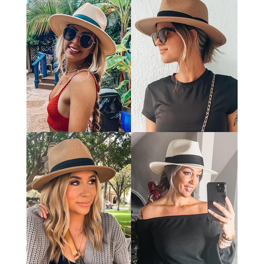 FURTALK Womens Mens Wide Brim Straw Panama Hat Fedora Summer Beach Sun Hats UPF Straw Hat for Women Khaki