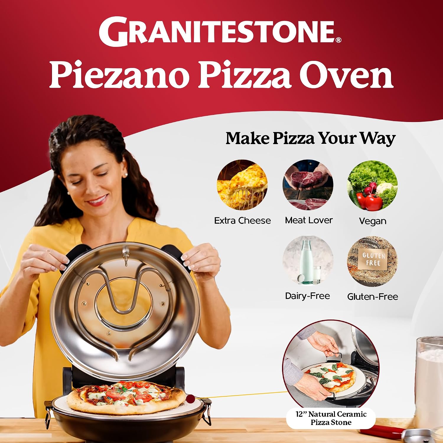 Piezano 12" Electric Pizza Oven Indoor Countertop Pizza Maker | Heats To 800˚F, Ceramic Stone For Crispy Crust Pizza, Cooks In Under 6 Minutes, Dual Heat Controls, Peels & Scraper Included