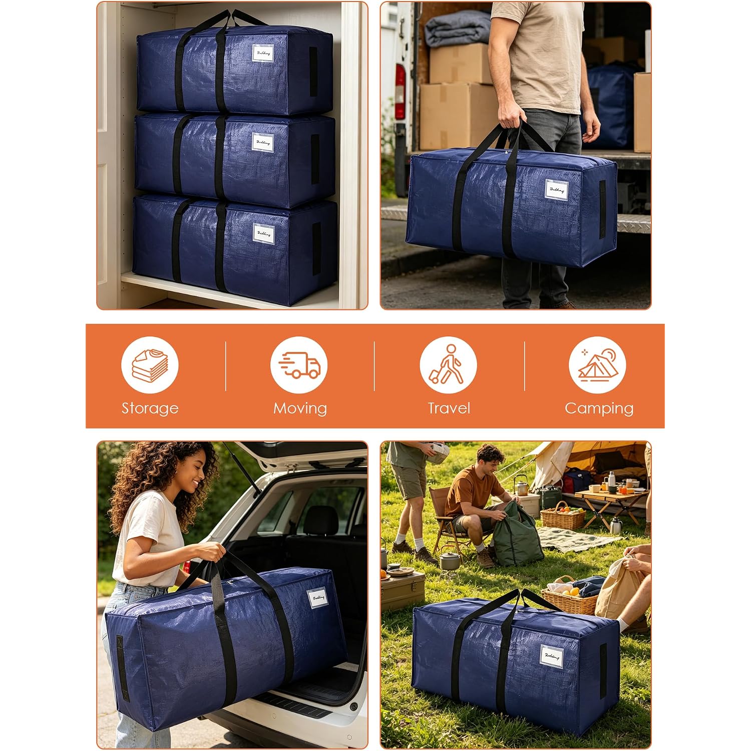Sweet Dolphin 8 Pack 200Lb Heavy-Duty Moving Bags With Wrap-Around Handles, Extra Large Storage Totes For Space Saving, Clothes Storage Bags, College Dorm Essentials, Blue, 24 Gal