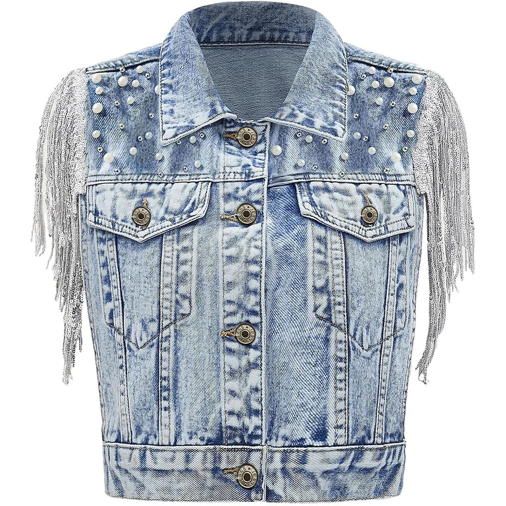 Women'S Pearls Beading Denim Vest Sleeveless Sequin Fringe Tassel Western Cowgirl Jean Vest
