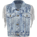 Women'S Pearls Beading Denim Vest Sleeveless Sequin Fringe Tassel Western Cowgirl Jean Vest