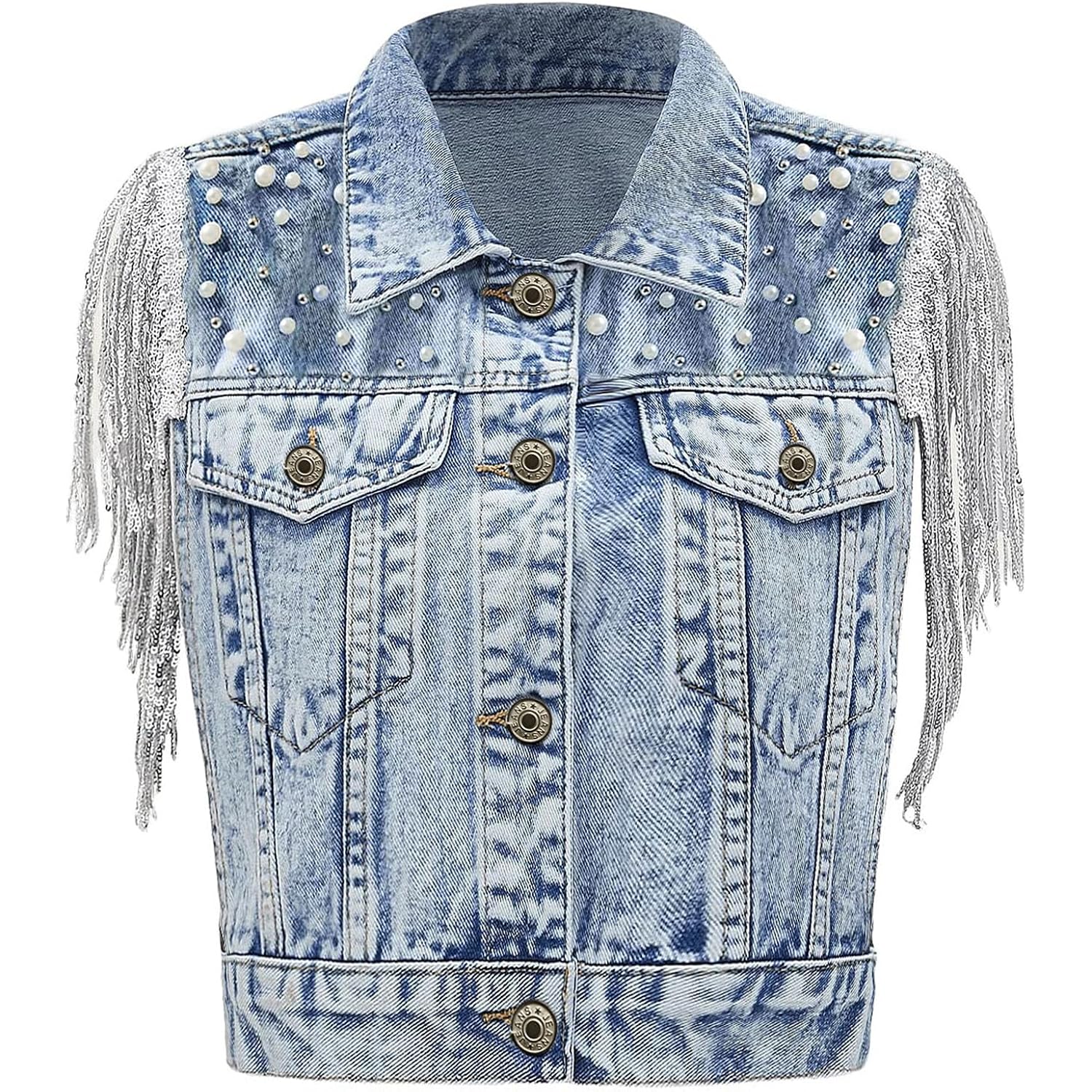 Women'S Pearls Beading Denim Vest Sleeveless Sequin Fringe Tassel Western Cowgirl Jean Vest