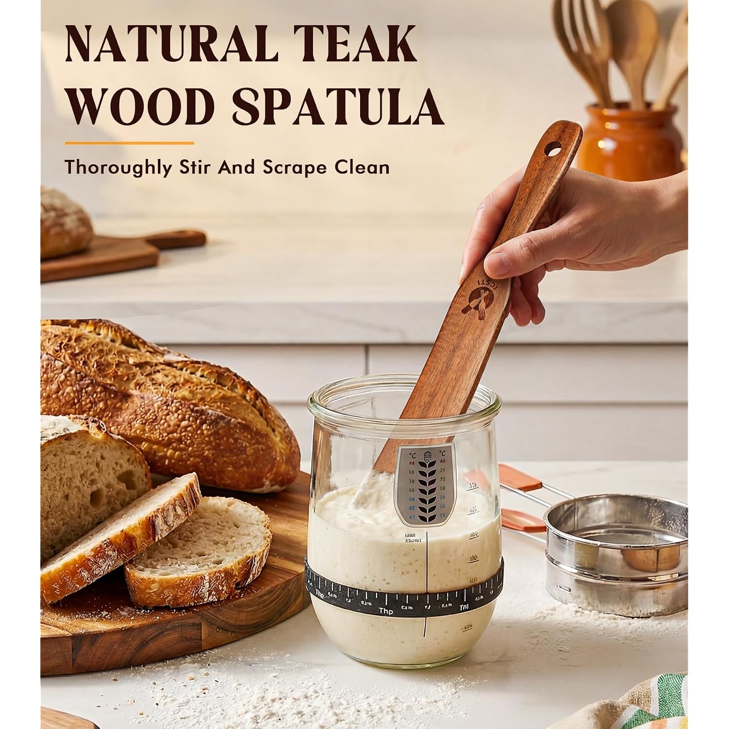 Skinny Spurtle For Sourdough Starter, Mixing, Reaching Bottom Of Jar, Dough Whisk, Natural From High Moist Resistance Teak, Spurtles Kitchen Tools Wooden Kitchen Utensils For Nonstick Cookware
