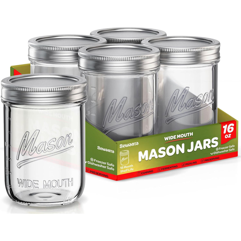 SEWANTA Wide Mouth Mason Jars 16 oz [5 Pack] With Mason Jar Lids and Bands, Mason Jars 16 oz - For Canning, Fermenting, Pickling - Jar Décor - Microwave/Dishwasher Safe.