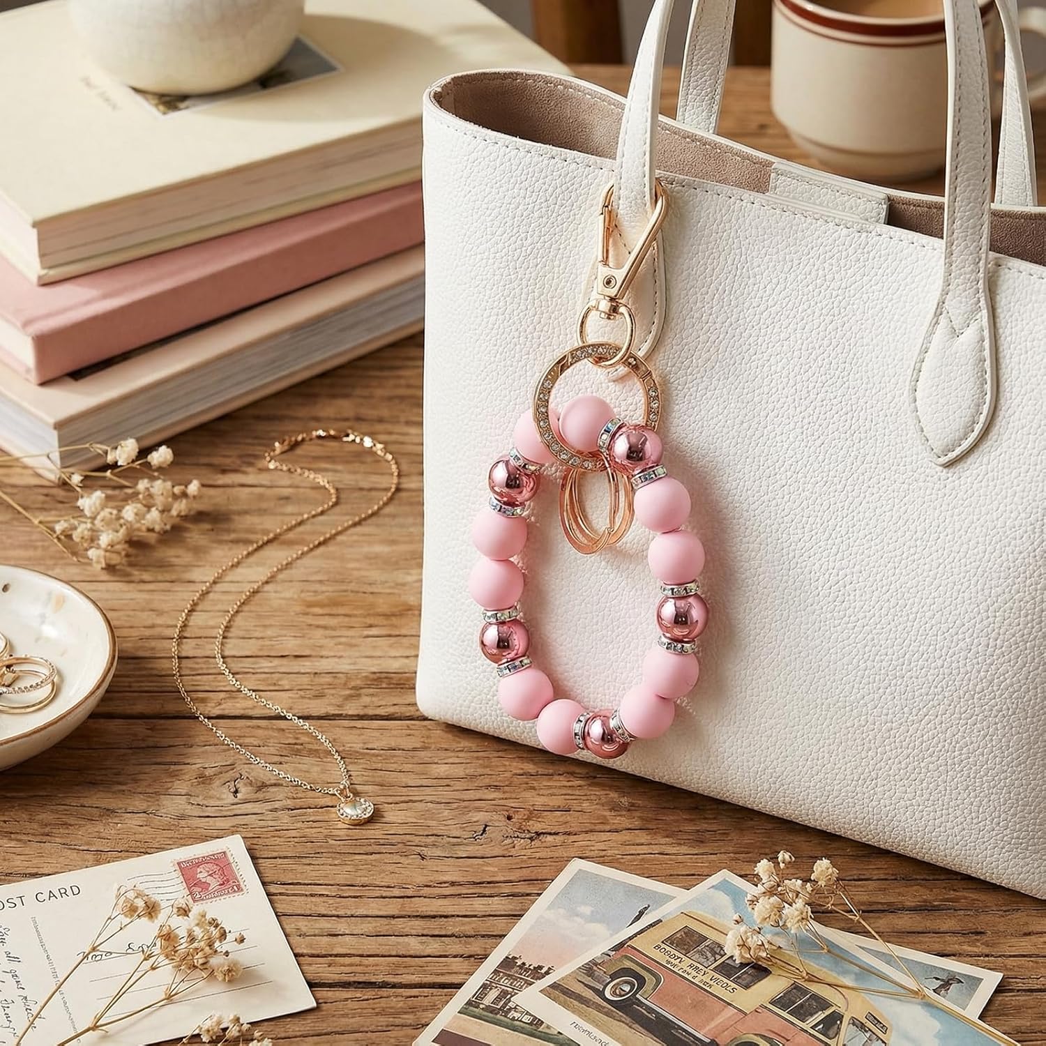 Wristlet Keychain for Women, Cute Silicone Beaded Key Ring Bracelet Elastic Key Holder for Car Keys Gift