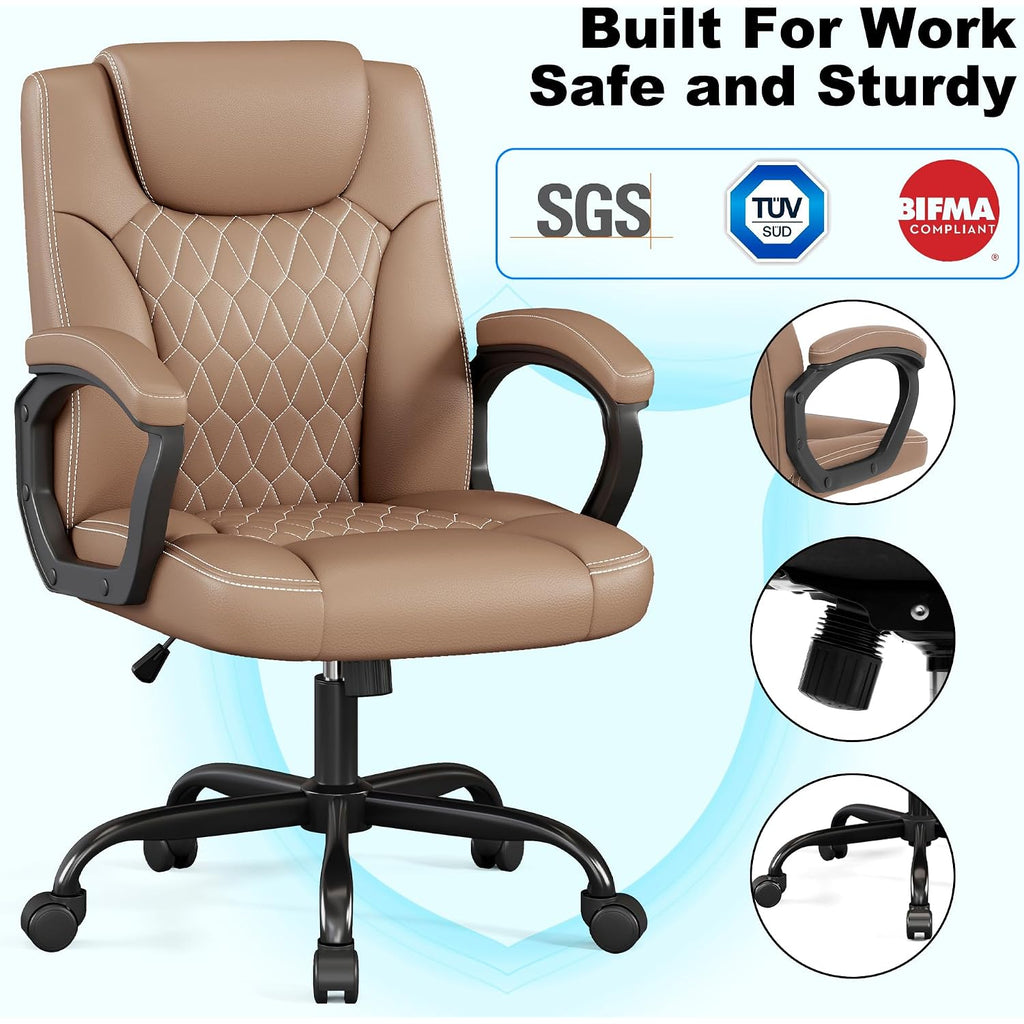 Misolant Office Chair, Executive Desk Chair, Pu Leather Comfortable Ergonomic Chairs With Fixed Armrest, Adjustable Height, Rocking Function, 360° Swivel Wheels, Brown