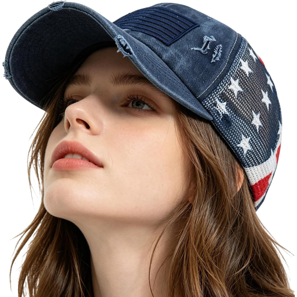 Women Men Patriotic Baseball Hats for 4th of July American Flag Trucker Hats Adjustable USA Dad Caps Medium Navy-mesh Back