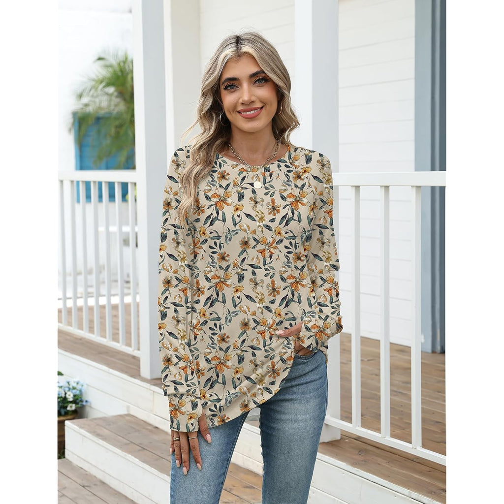 Zeagoo Women's Casual Long Sleeve Shirts Crew Neck Round Hem Loose T-Shirts Tunic Tops with Thumb Holes