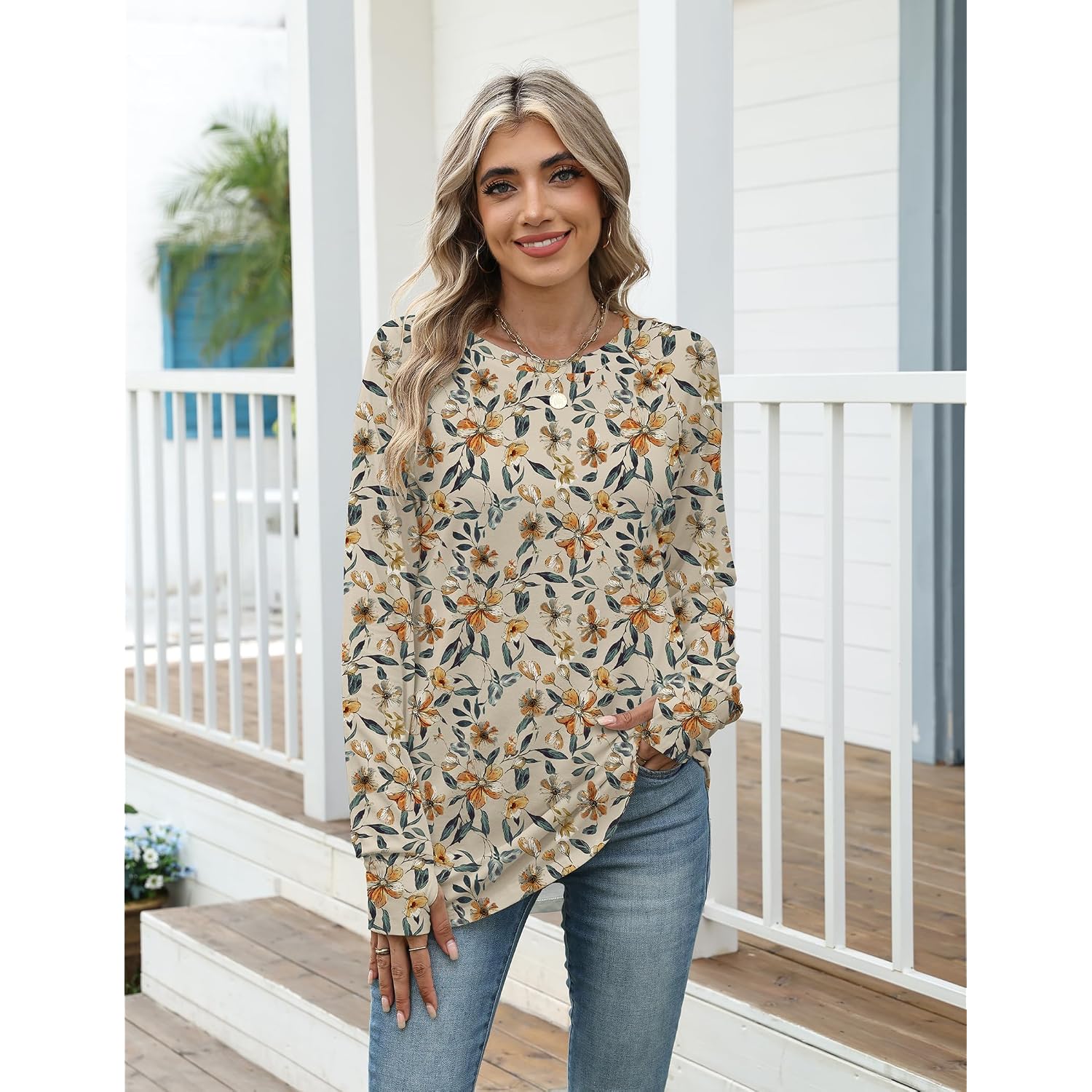 Zeagoo Women's Casual Long Sleeve Shirts Crew Neck Round Hem Loose T-Shirts Tunic Tops with Thumb Holes