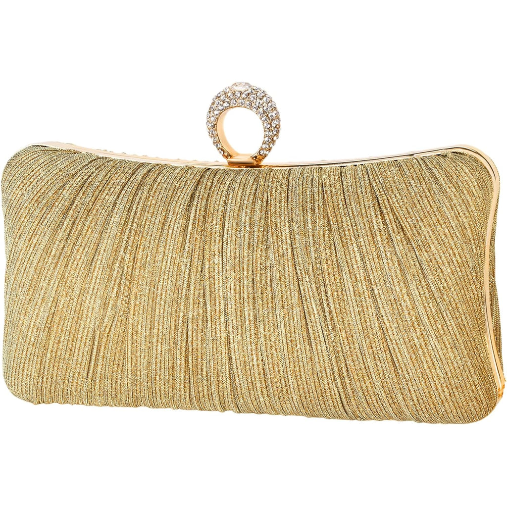 Womens Golden Glitter Clutch Purse Pleated Evening Bag for Bridal Wedding Party with Rhinestone Ring