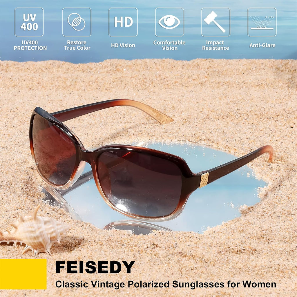 FEISEDY Polarized Sunglasses for Women Classic Vintage Square Wraparound UV400 Protection Shade B0309 Gradual Brown Frame & Gradual Brown Lens