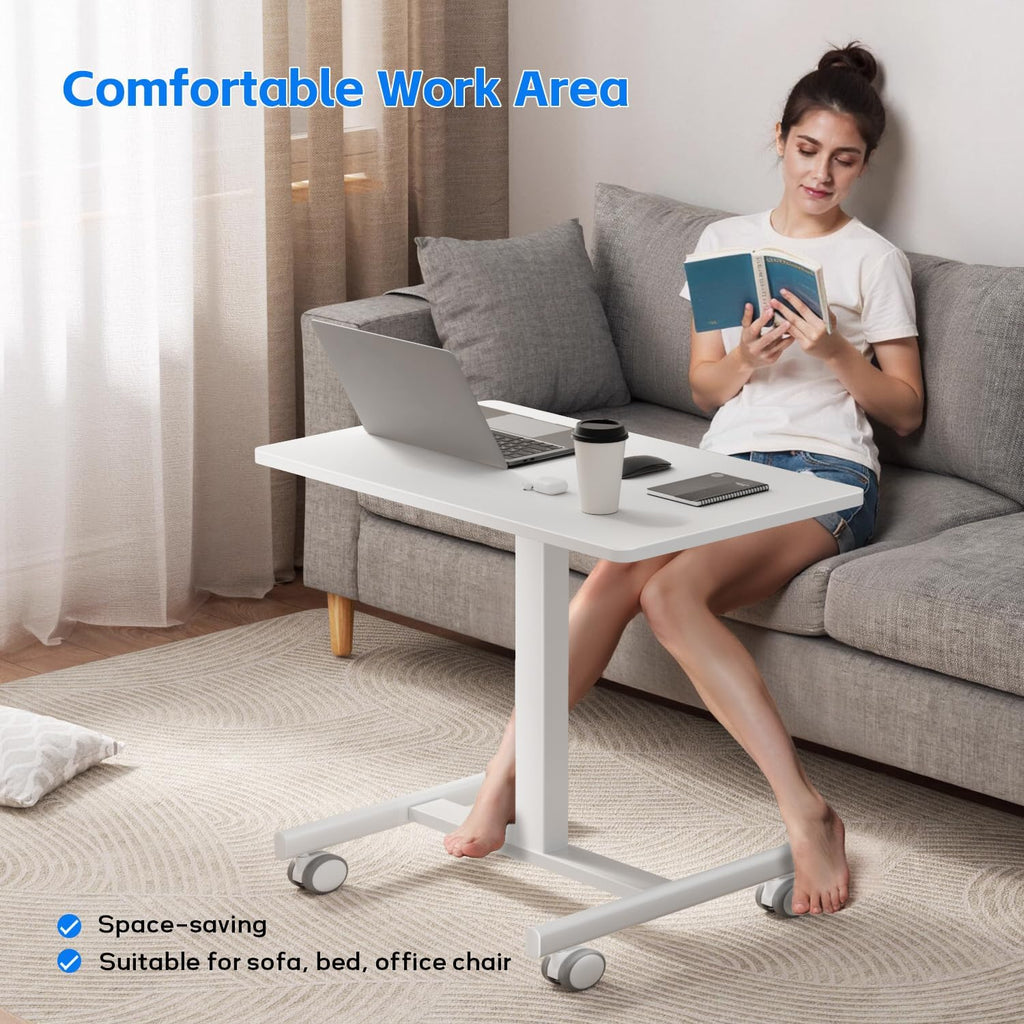 Mobile Small Standing Rolling Desk Adjustable Height, Portable Laptop Desk On Wheels, Workstation For Home Office With Hook,White