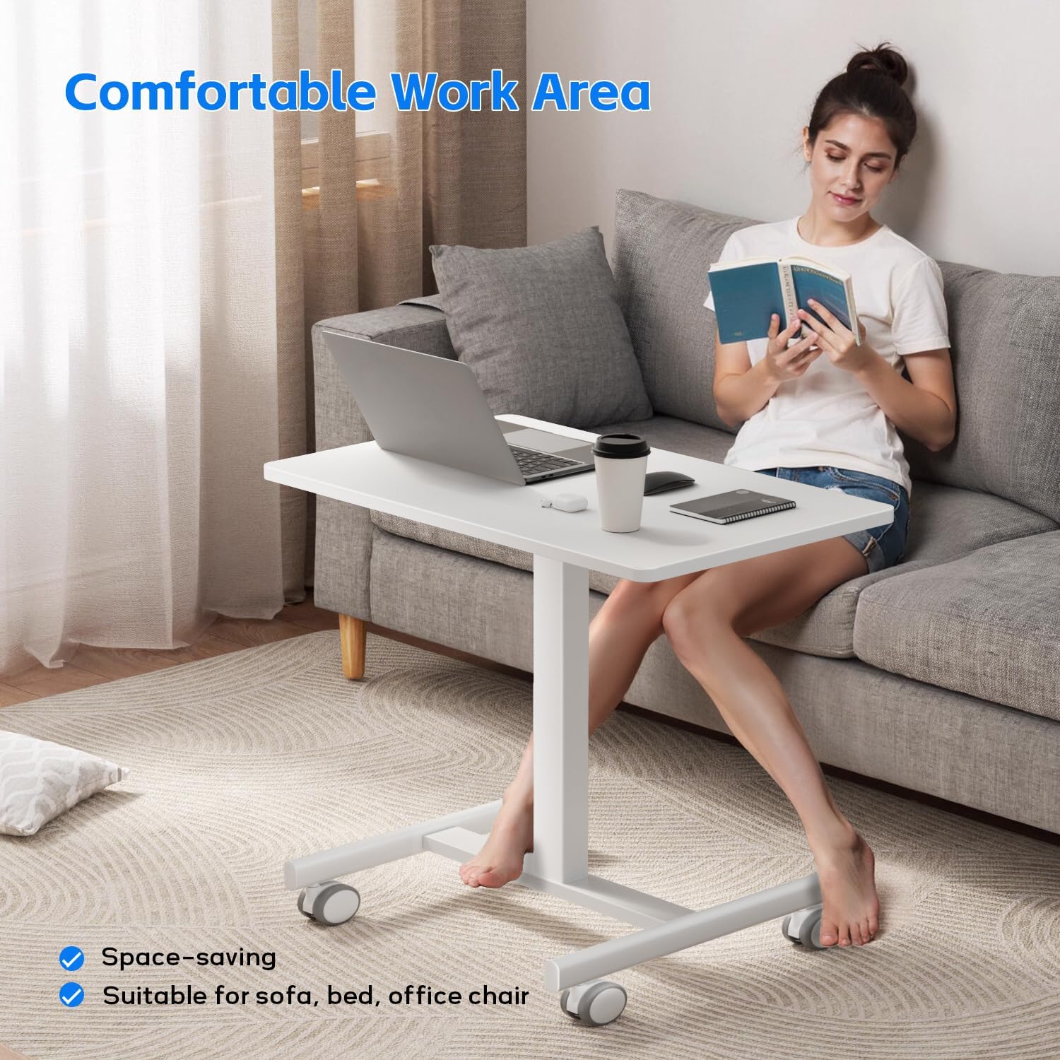 Mobile Small Standing Rolling Desk Adjustable Height, Portable Laptop Desk On Wheels, Workstation For Home Office With Hook,White
