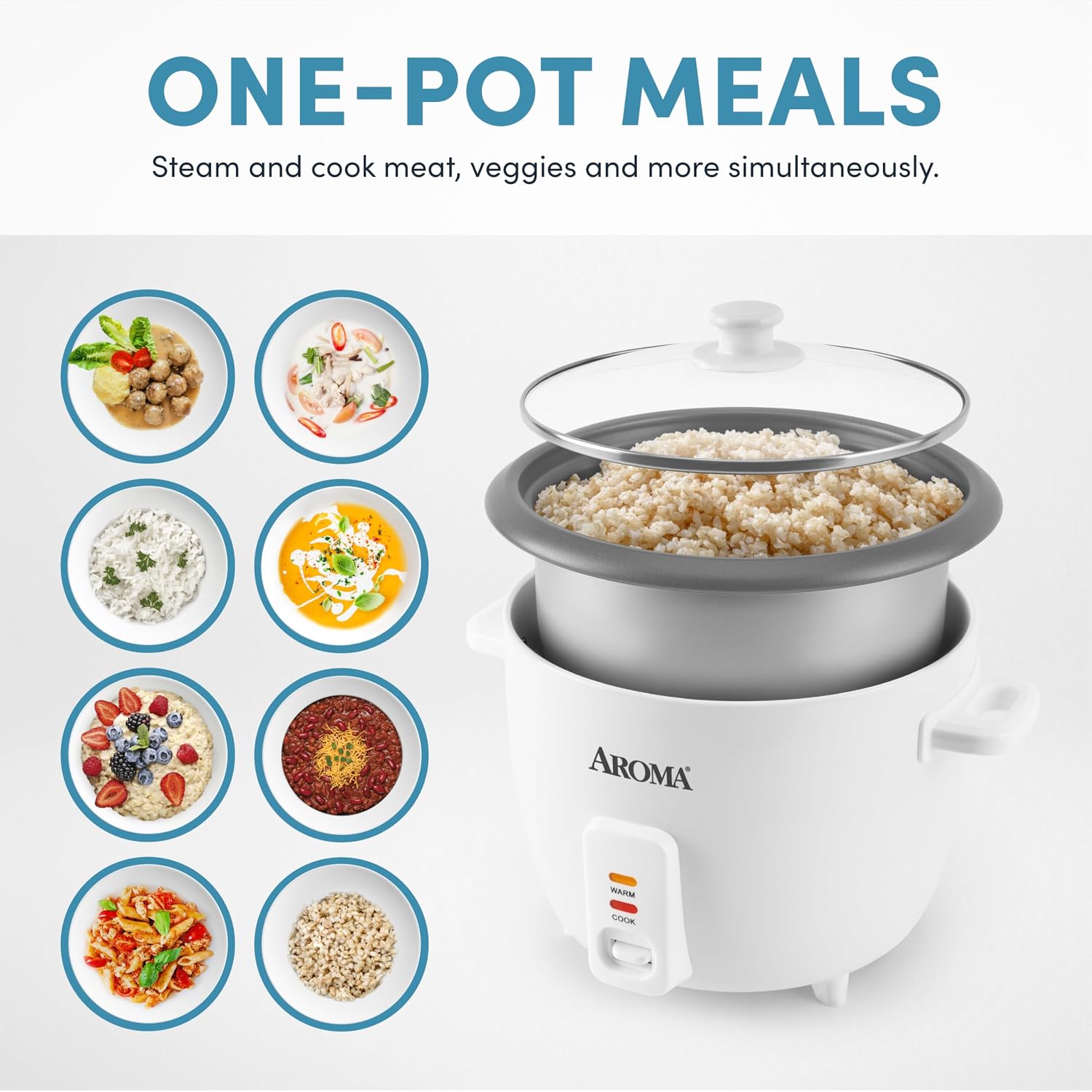Aroma® Rice Cooker, 8-Cup (Uncooked) / 16-Cup (Cooked), Pot-Style Rice Cooker And Soup Warmer With One-Touch Control, 4 Qt, White, Arc-368Ng