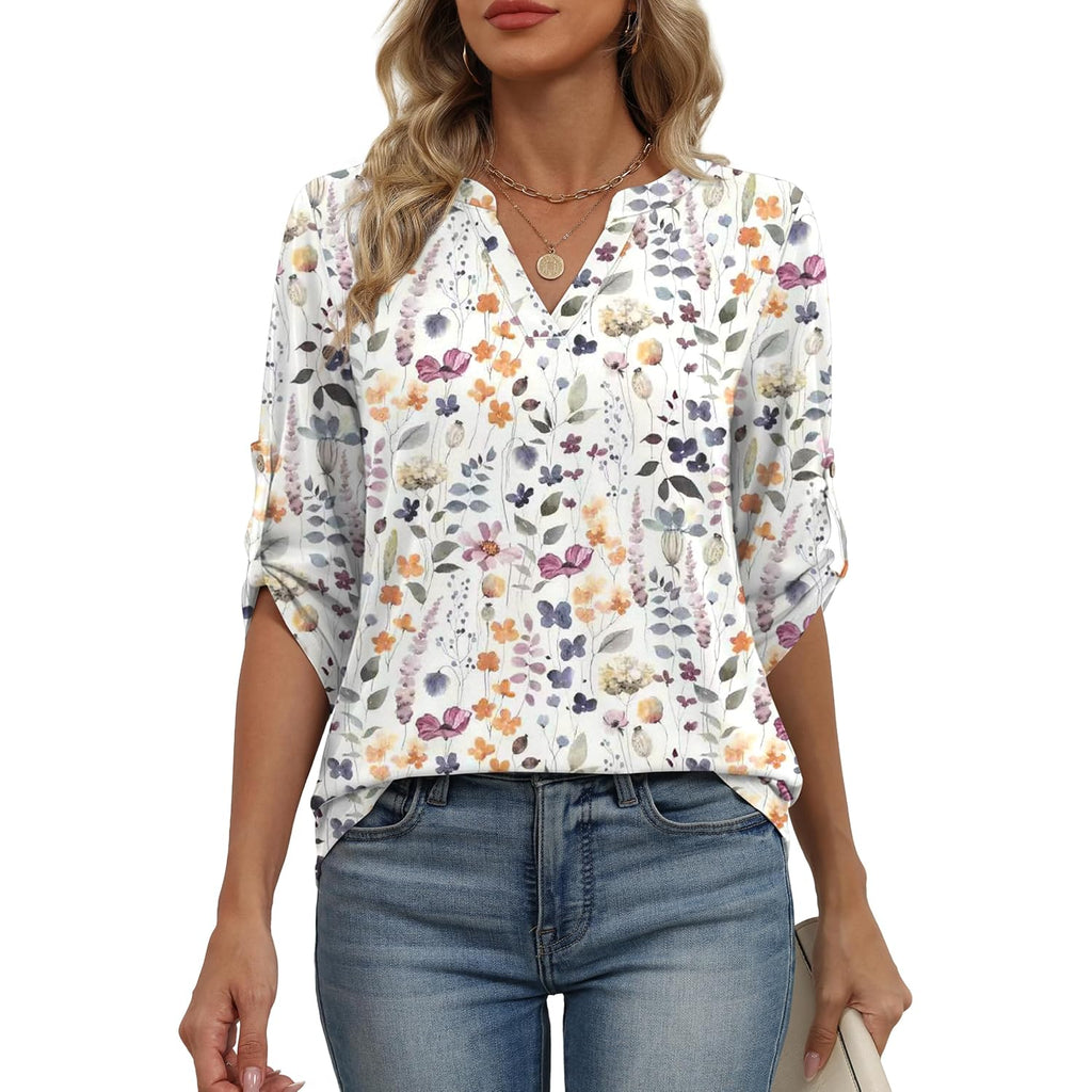 XIEERDUO 3/4 Length Sleeve Womens Tops V Neck T Shirts Both Side Buttons Blouses Business Casual Outfits Loose Fit