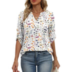 XIEERDUO 3/4 Length Sleeve Womens Tops V Neck T Shirts Both Side Buttons Blouses Business Casual Outfits Loose Fit