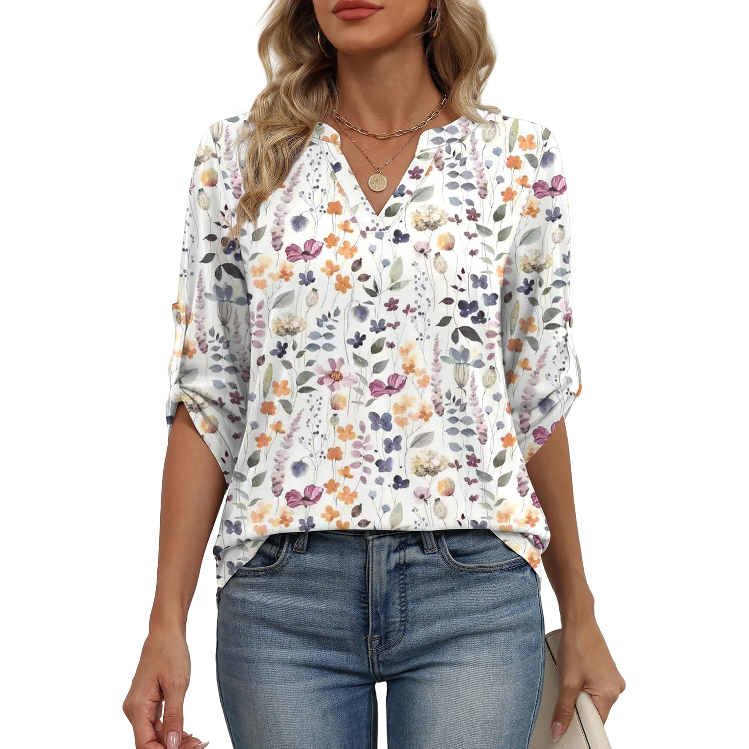 XIEERDUO 3/4 Length Sleeve Womens Tops V Neck T Shirts Both Side Buttons Blouses Business Casual Outfits Loose Fit