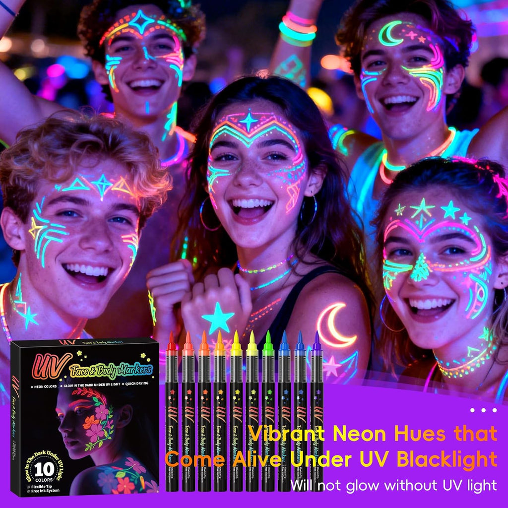 10-color glow-in-the-dark body painting, UV neon face paint brush, glow-in-the-dark face paint set, washable skin tattoo pen, Halloween party makeup (10 colors)