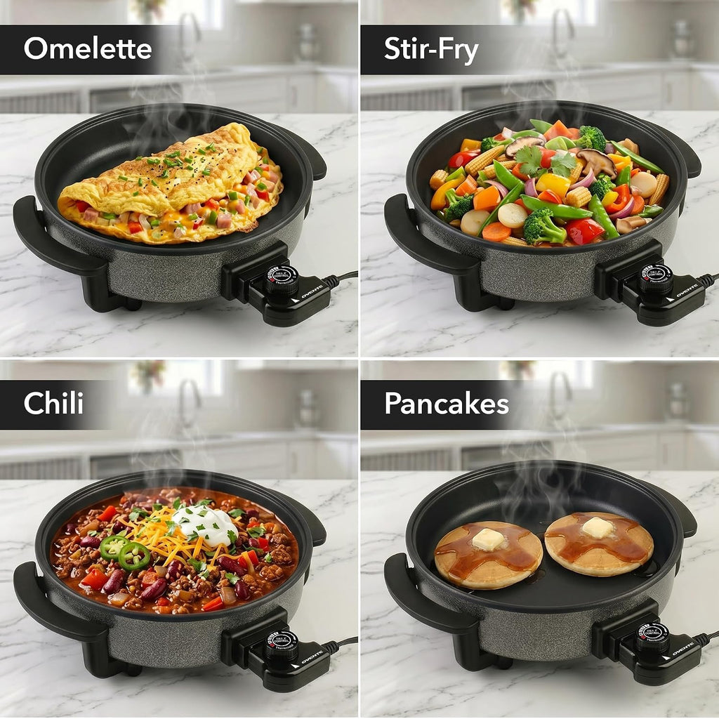 Ovente 11.5-Inch Electric Skillet & Frying Pan, 1400W Nonstick Cooking Pan With Adjustable Temperature Control, Tempered Glass Lid With Steam Vent, Cool-Touch Handles, Easy-Clean Black Sk11112B