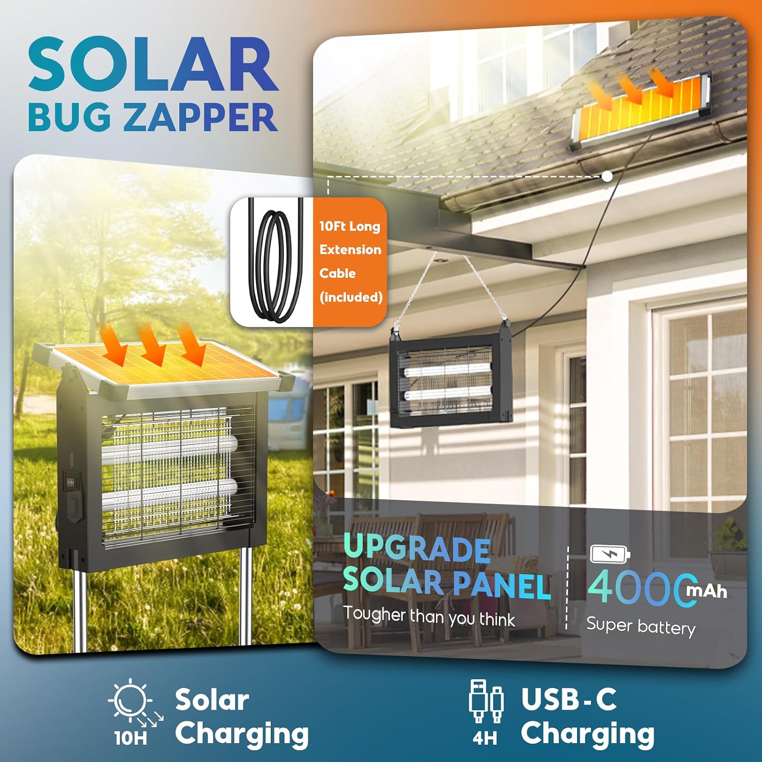 Solar Bug Zapper Outdoor, Phatroyyee Mosquito Zapper 4500V, Waterproof Portable Fly Zapper, Rechargeable Electric Mosquito Killer, Cordless Fly Insect Mosquitos Trap For Patio Yard Home Garden Camping