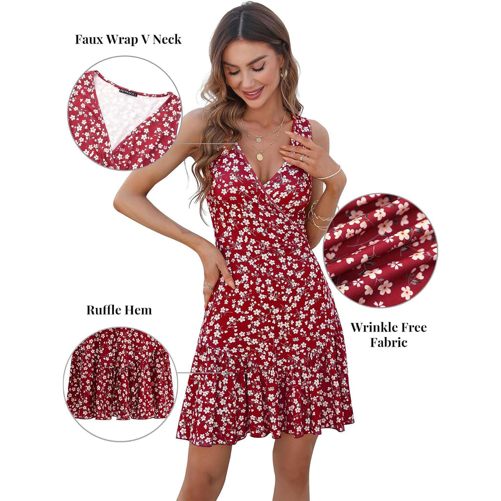 Fensace Women'S Summer Sleeveless Sexy Wrap V Neck Floral Sundress Mini Dress