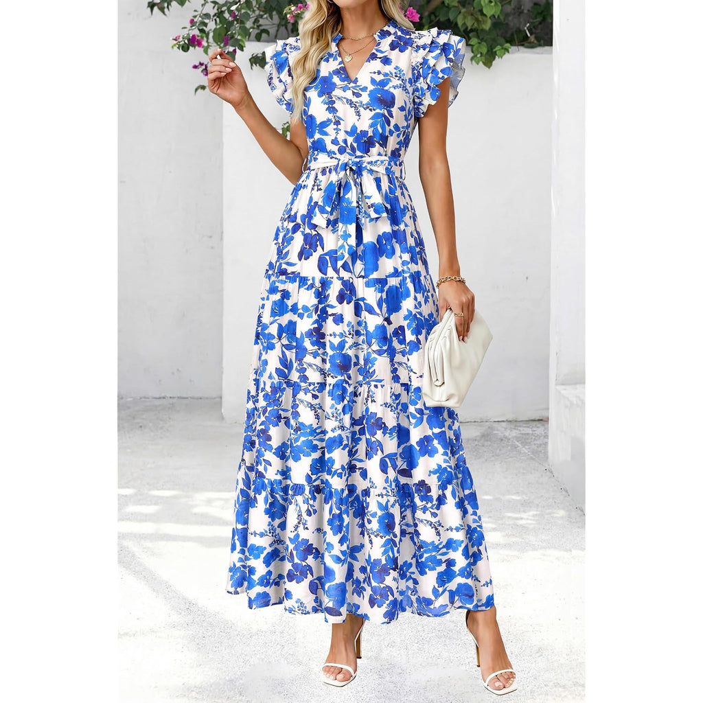 Dowerme Women Summer Maxi Dresses 2026 Ruffle Sleeve V Neck Floral Boho Long Dress Belted Tiered Sundress With Pockets
