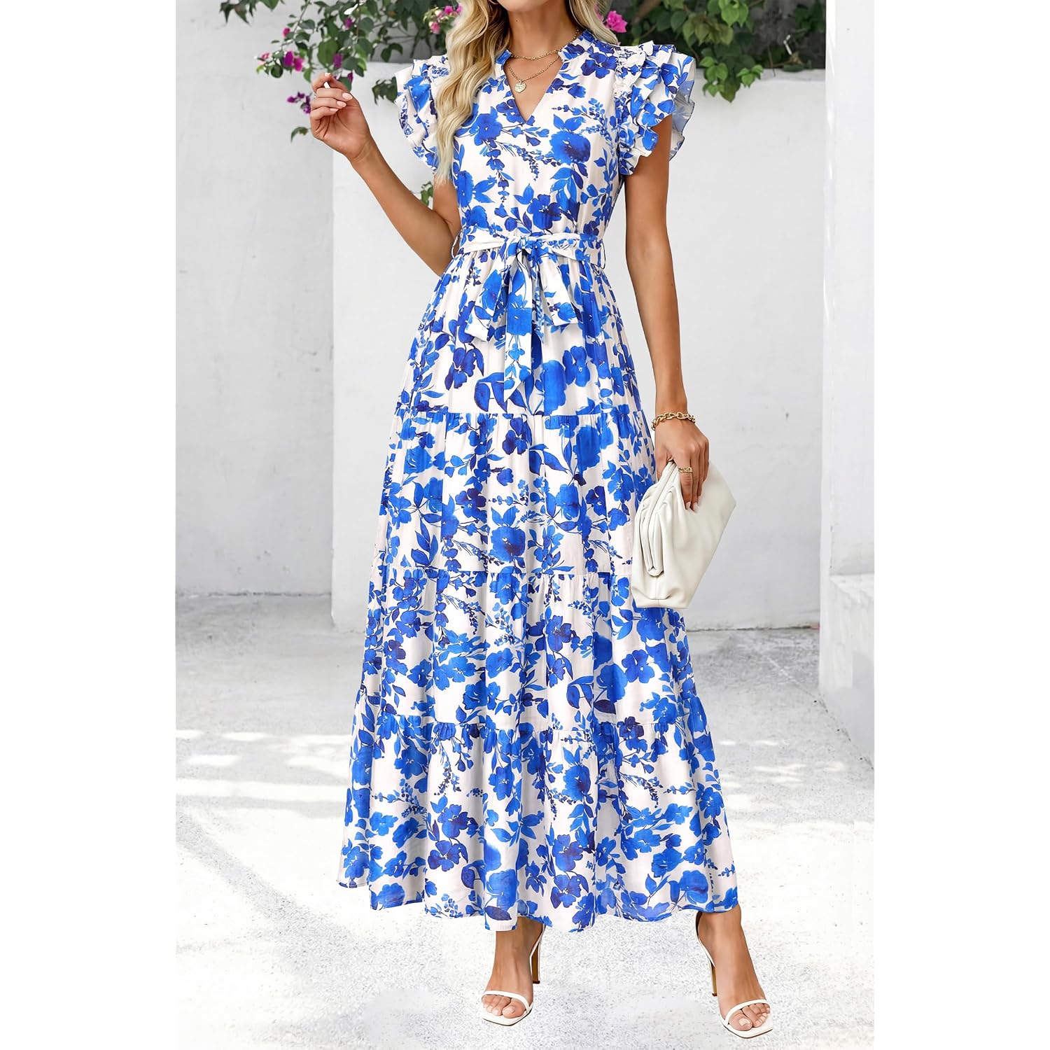 Dowerme Women Summer Maxi Dresses 2026 Ruffle Sleeve V Neck Floral Boho Long Dress Belted Tiered Sundress With Pockets