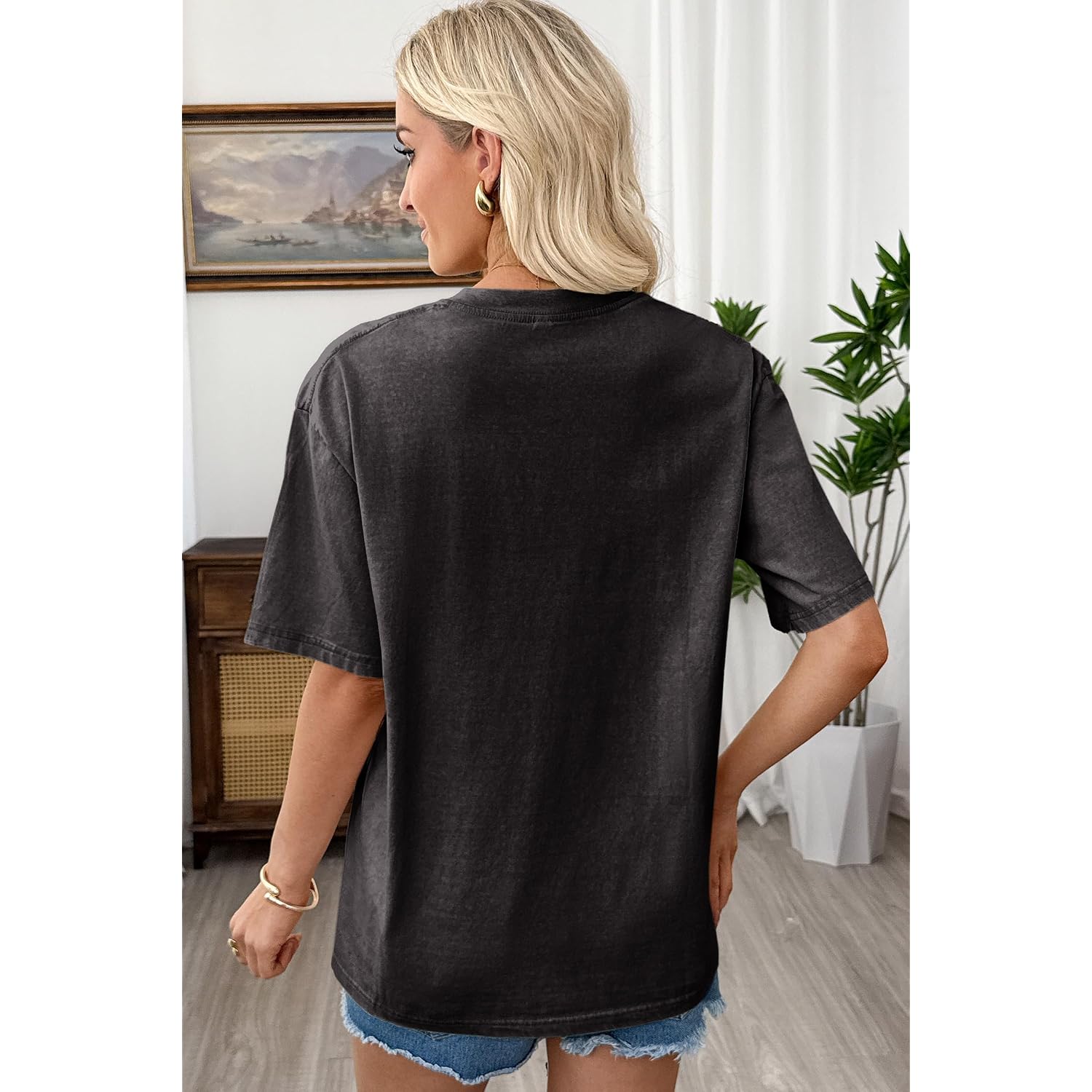 Shewin Oversized Wash Out Fabric Tee Shirts Trendy Cotton Tops Casual Work Tshirt 2026