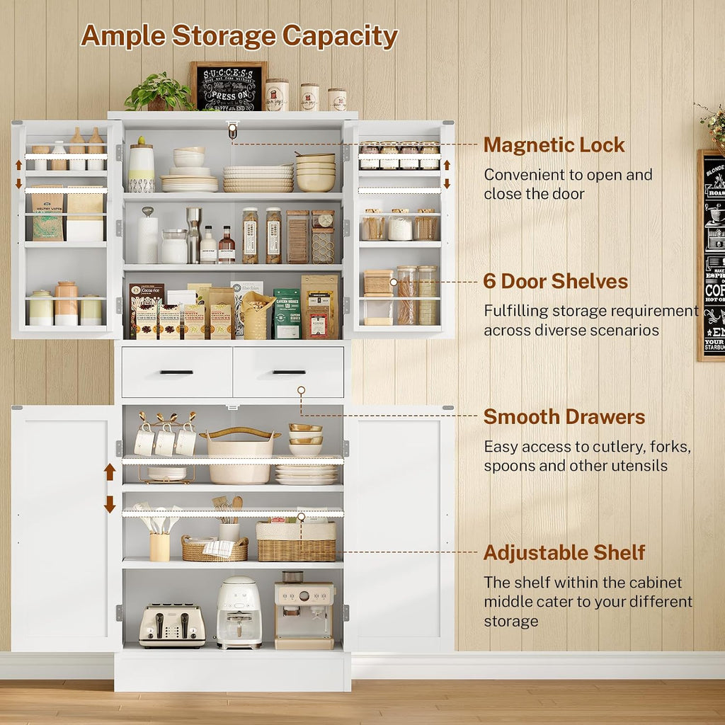 Farmhouse Pantry Cabinet, 66.9″H Tall Kitchen Storage Cabinet With Barn Doors, Adjustable Shelves & Drawer, Freestanding Cupboard For Kitchen, Dining Room, Living Room, Bathroom, White