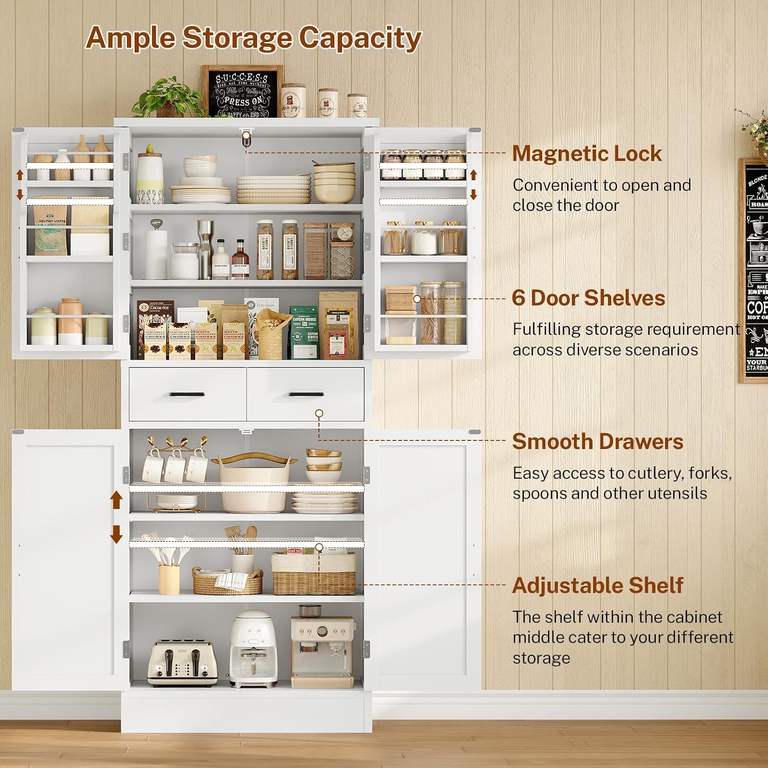 Farmhouse Pantry Cabinet, 66.9″H Tall Kitchen Storage Cabinet With Barn Doors, Adjustable Shelves & Drawer, Freestanding Cupboard For Kitchen, Dining Room, Living Room, Bathroom, White