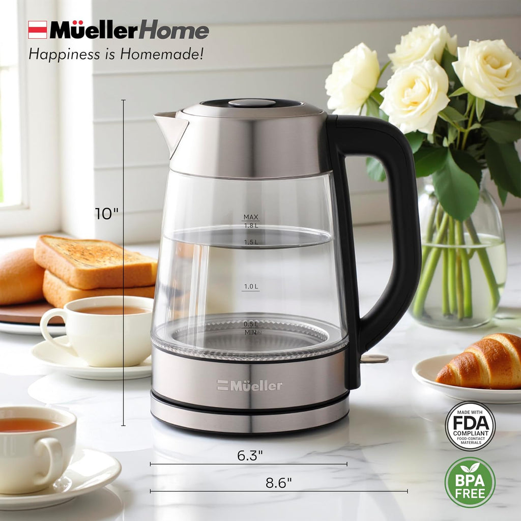 Mueller Home Rapid Boil Electric Tea Kettle 1.8L – Borosilicate Glass & Stainless Steel – Bpa-Free Hot Water Boiler, Led Light, Auto Shut-Off, Boil Dry Protection Fast Water Heater, Kitchen Appliances