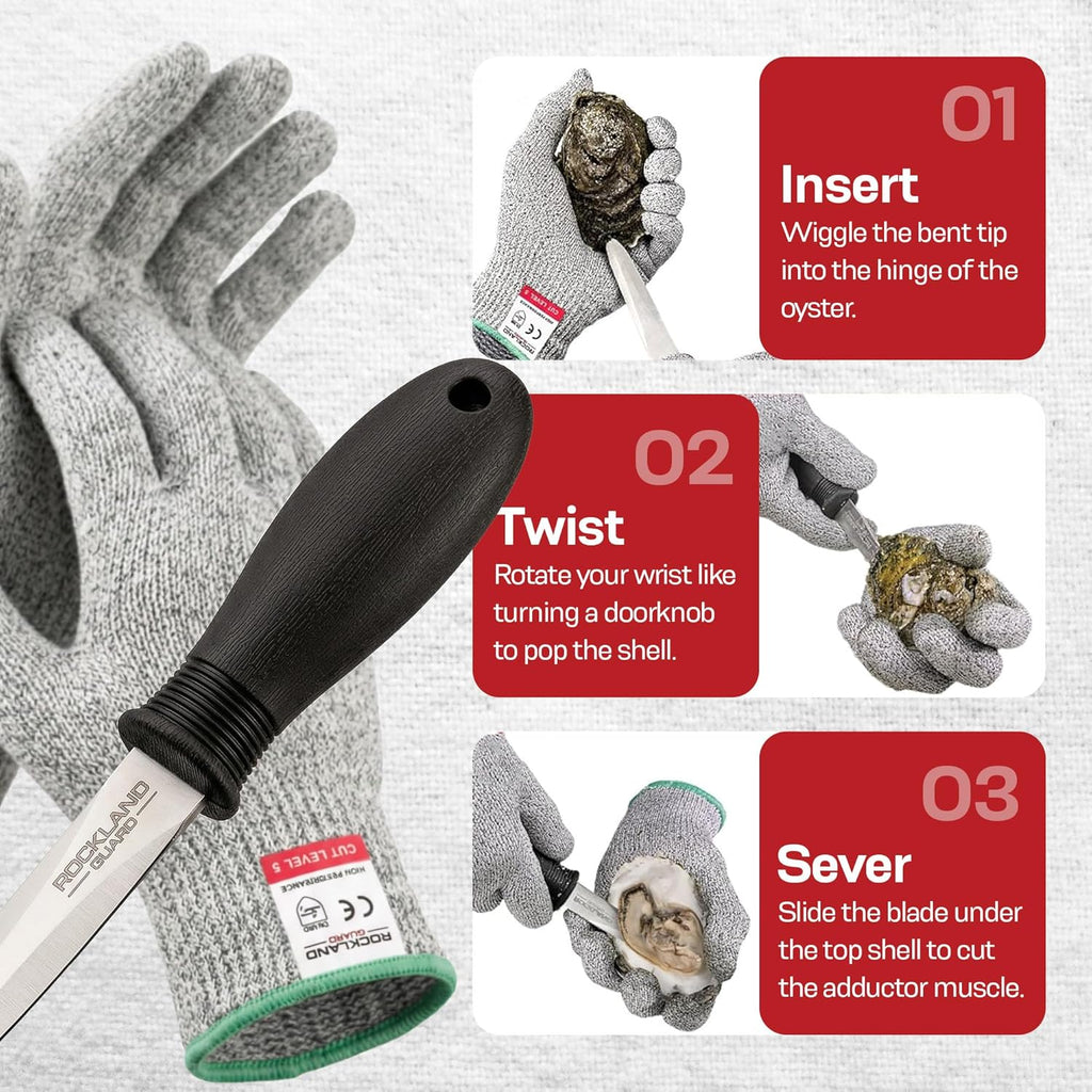 Rockland Guard Professional Oyster Shucking Kit - 3.5” Heavy Duty Stainless Steel Oyster Shucking Knife and Level 5 Cut Resistant Gloves, Clam Opener Shucker and Seafood Tool Gift Set, Large