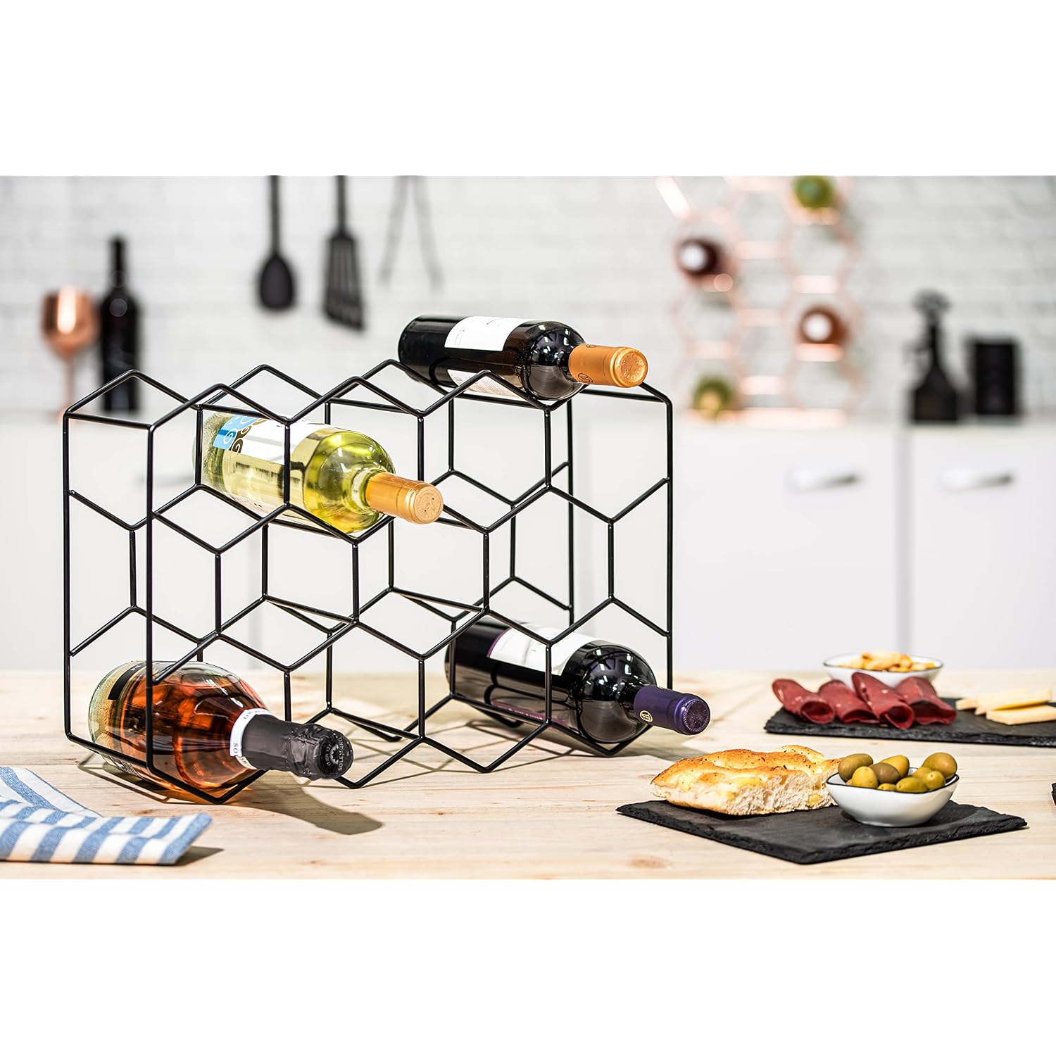 Gusto Nostro Countertop Wine Rack - 14 Bottle Freestanding Modern Black Metal Small - 3 Tier Tabletop Wine Holder Stand For Cabinet, Pantry - Wine Racks Countertop - No Assembly Required