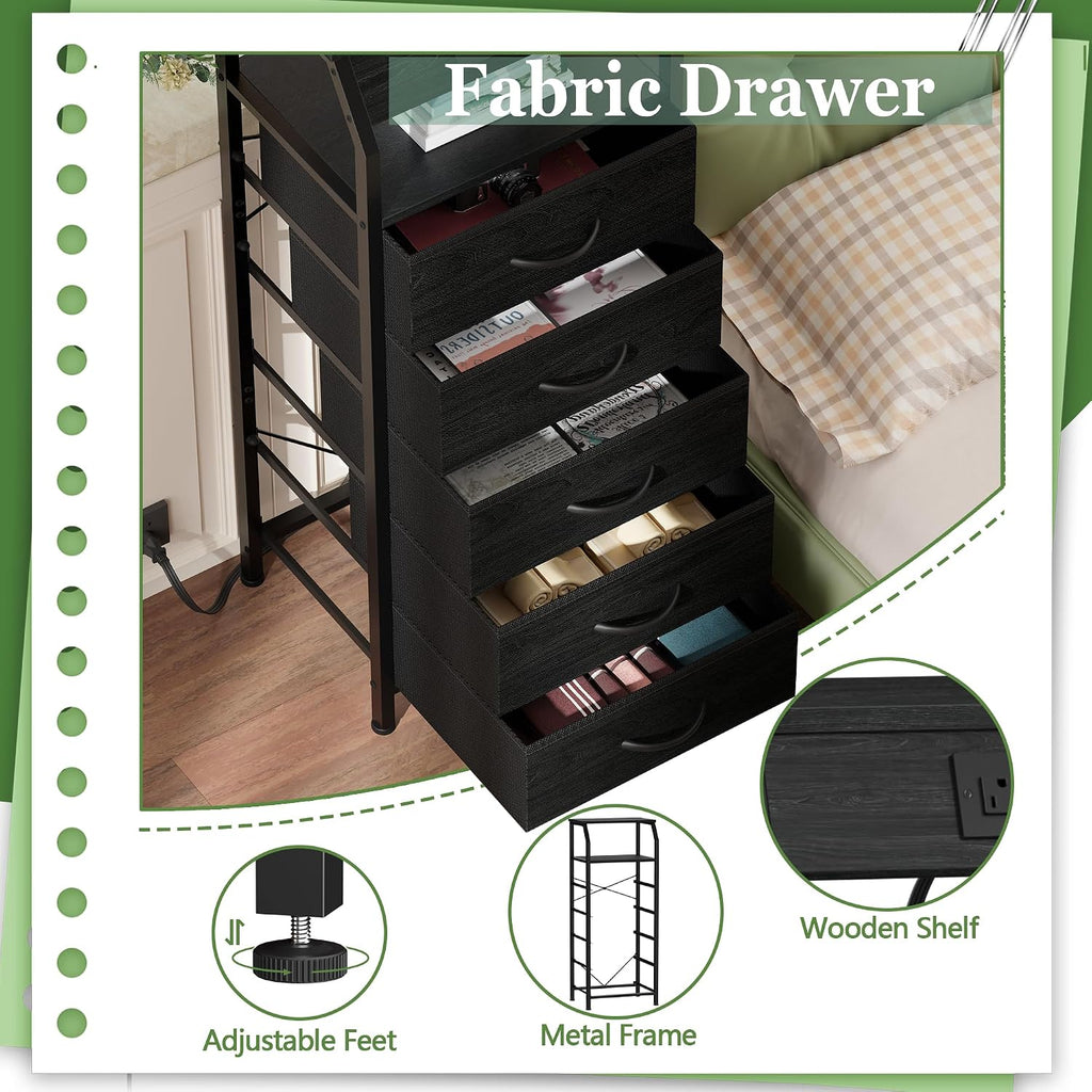 5 Drawers Dresser With Charging Station, Fabric Chest Of Drawers With Open Shelf, Tall Night Stand, Bedside Table For Closet, Entryway, Bedroom Furniture, 3 Ways To Use, Black Oak