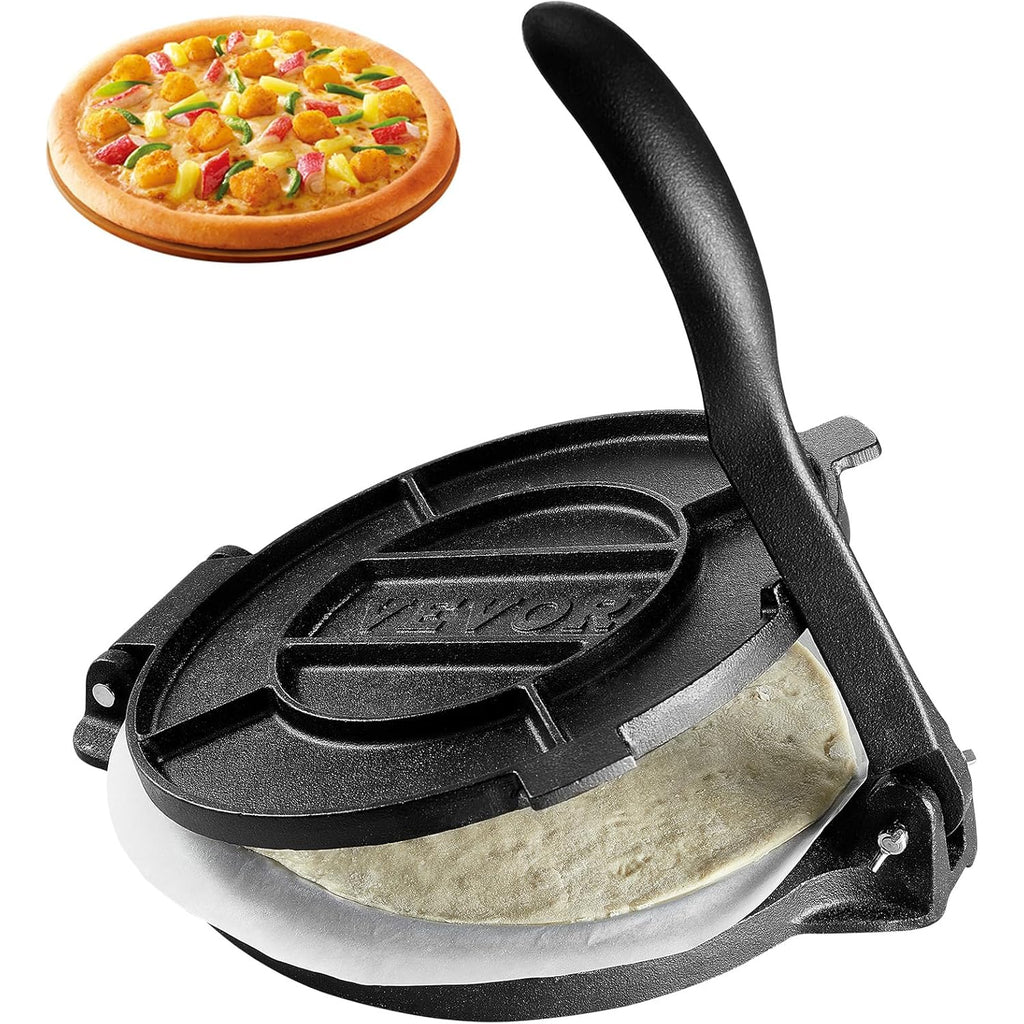 Vevor Tortilla Press, 10 Inch Tortilla And Roti Maker, Cast Iron Heavy Duty Tortilladora Press, Pre-Seasoned Pataconera With 100 Pcs Parchment Paper, Dough Maker For Flour Tortilla, Tawa